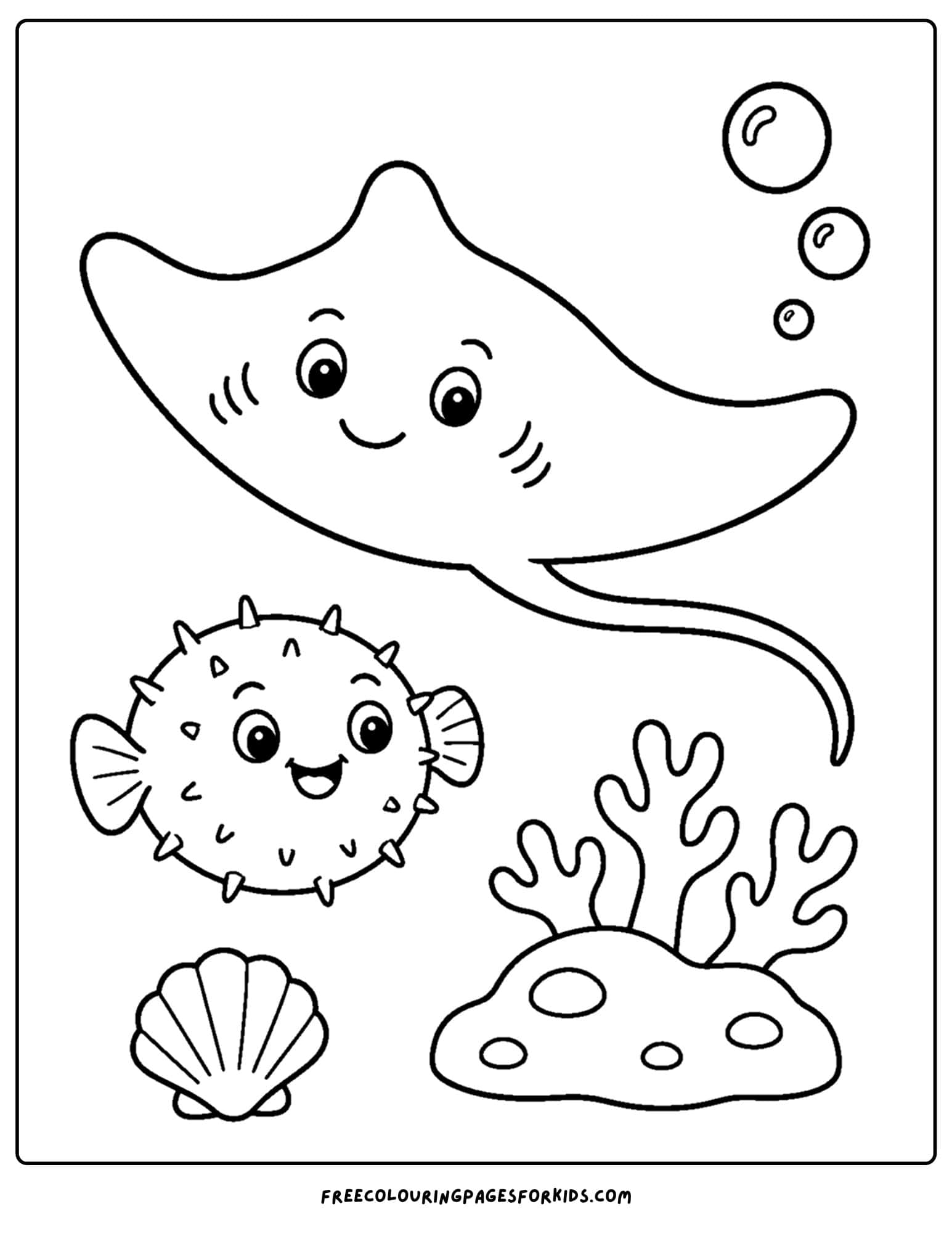 a coloring page of a stingray and a pufferfish