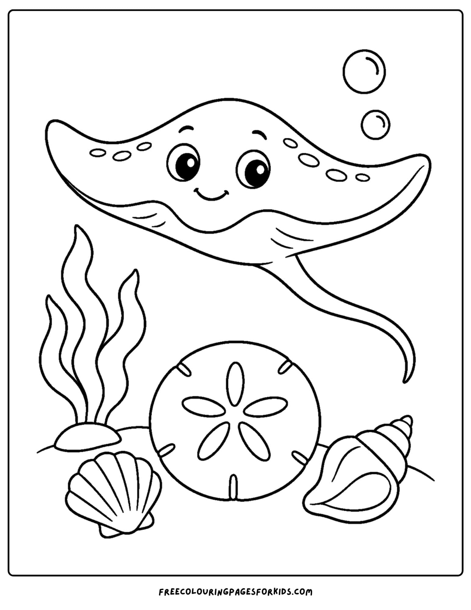 a coloring page of a stingray and a sand dollar