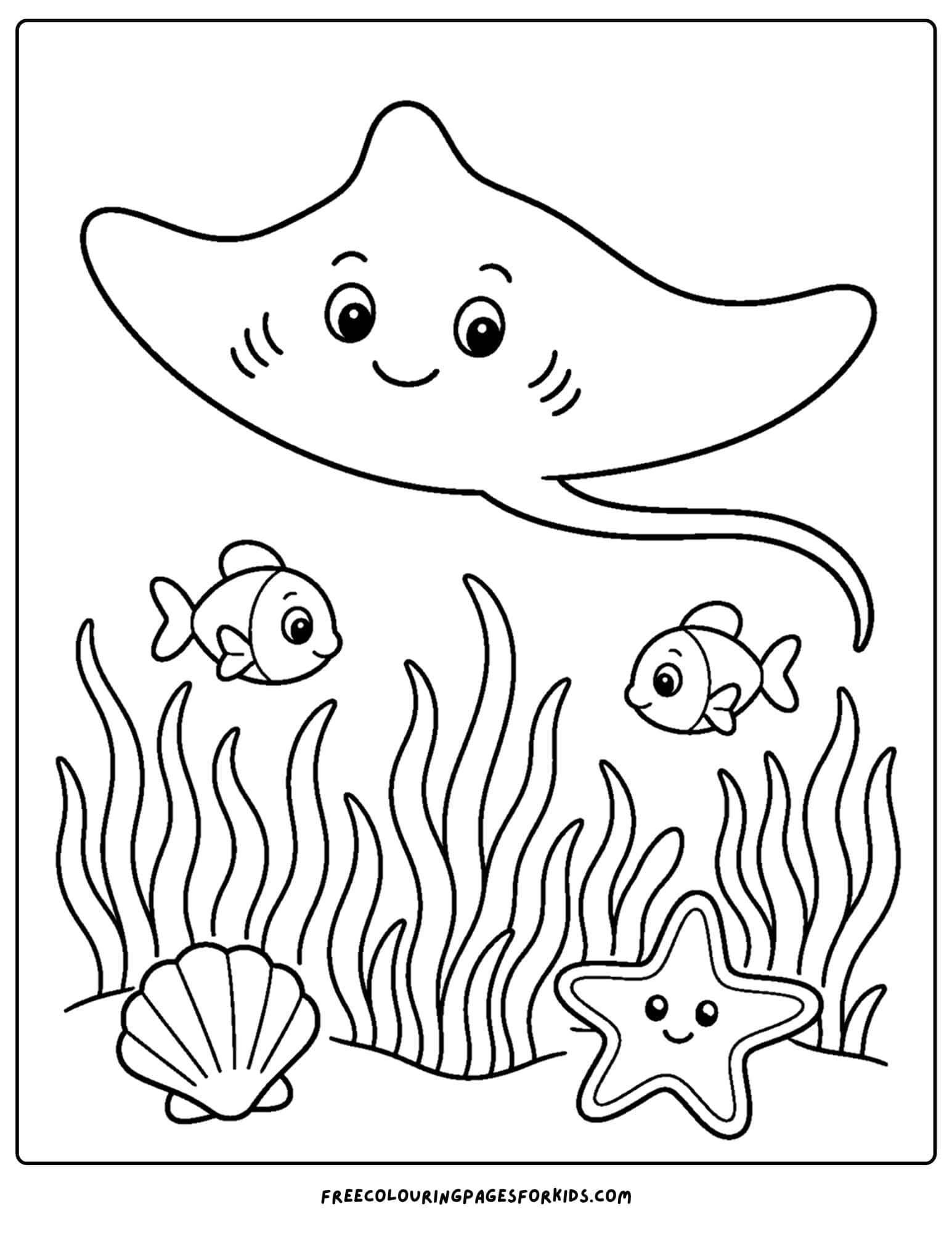 a coloring page of a stingray floating over sea grass
