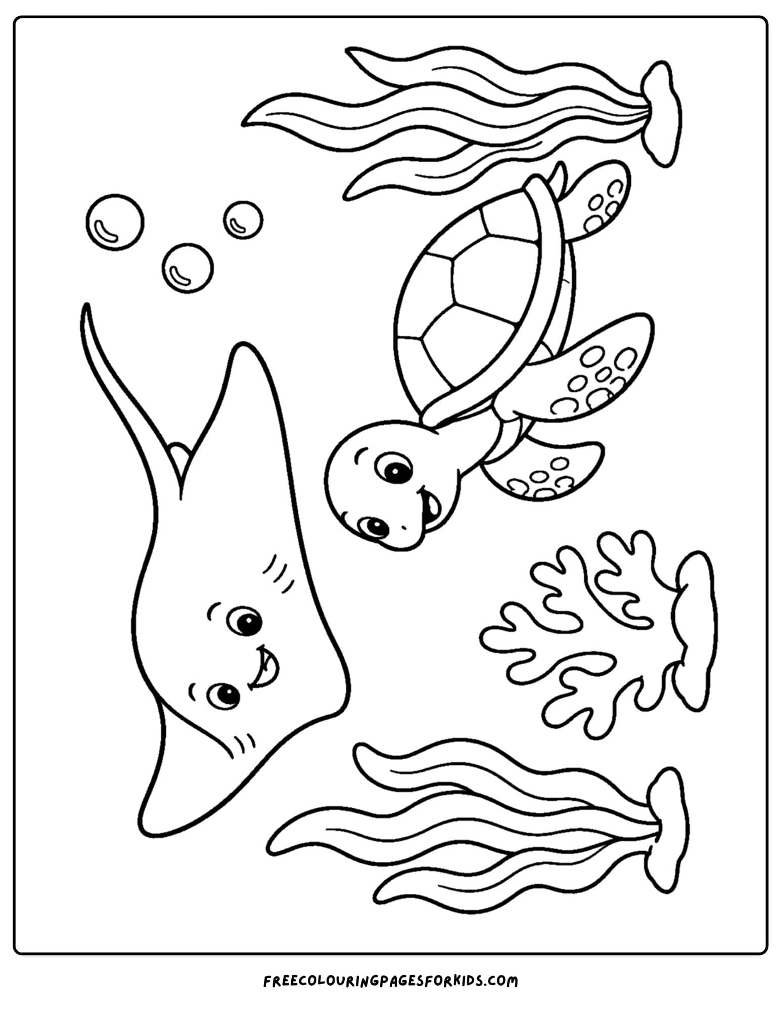 a coloring page of a stingray and a sea turtle