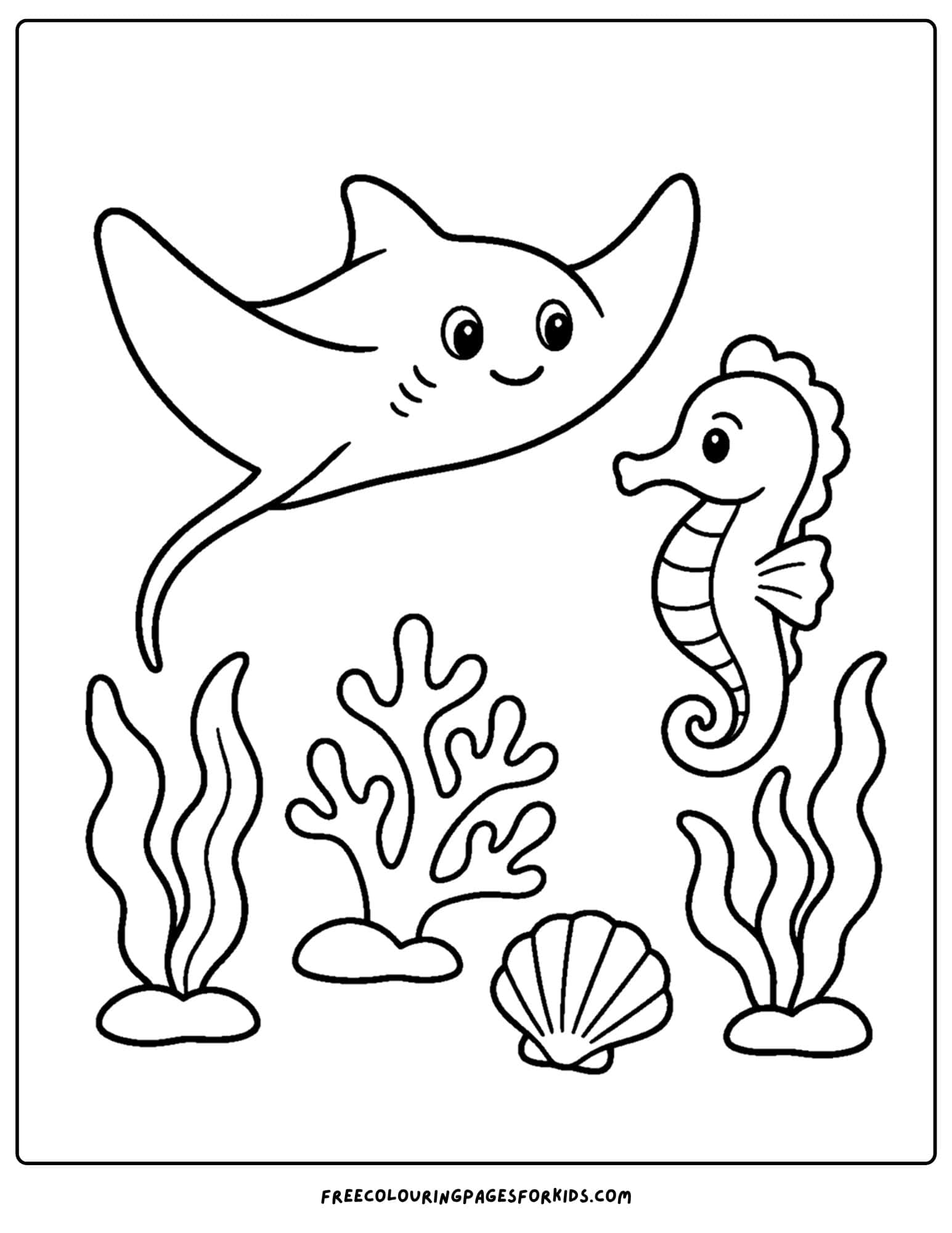 a coloring page of a stingray and a friendly seahorse