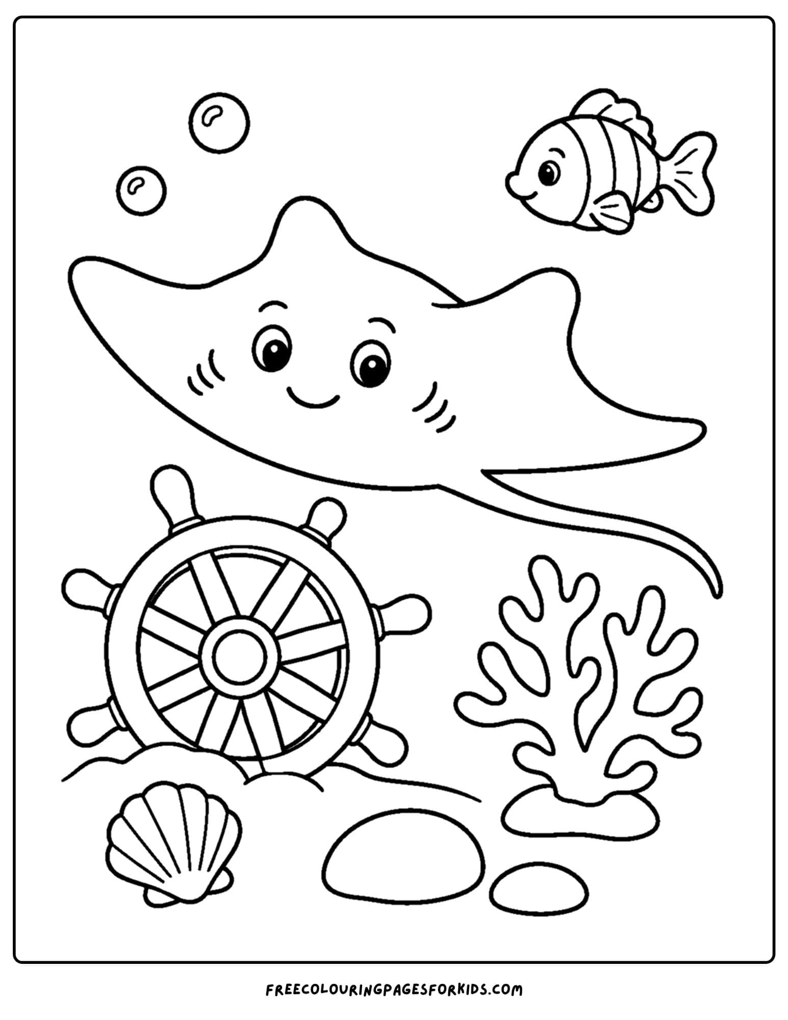 a coloring page of a stingray with some coral and a ships wheel