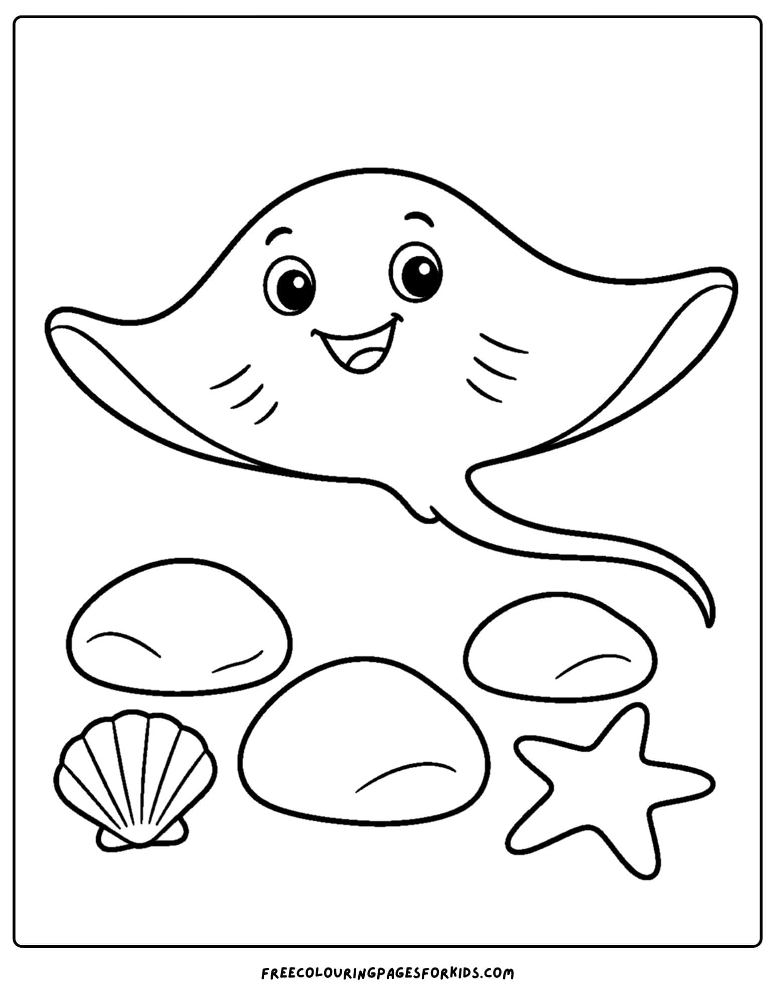 a coloring page of a stingray floating over some rocks