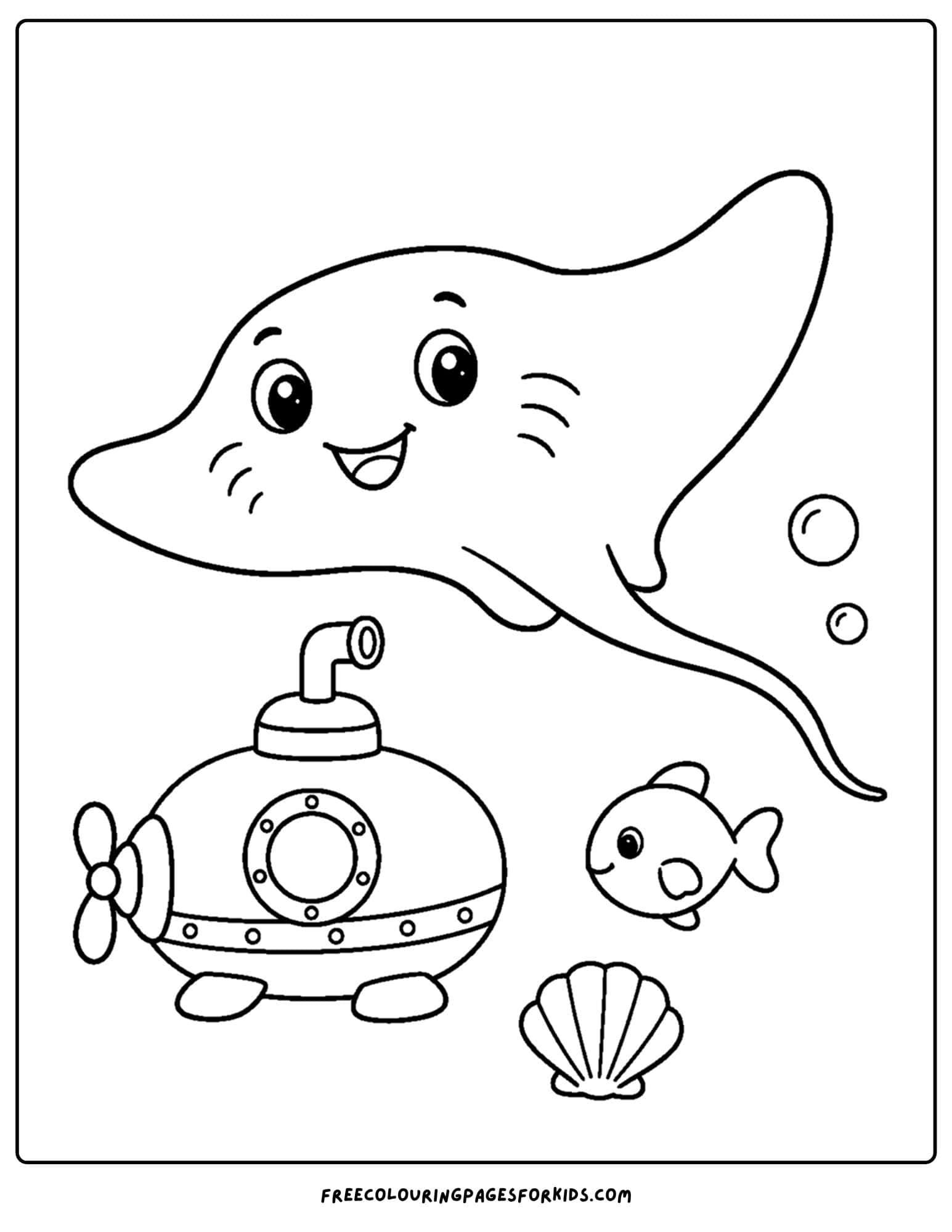 a coloring page of a stingray with a tiny submarine in the background