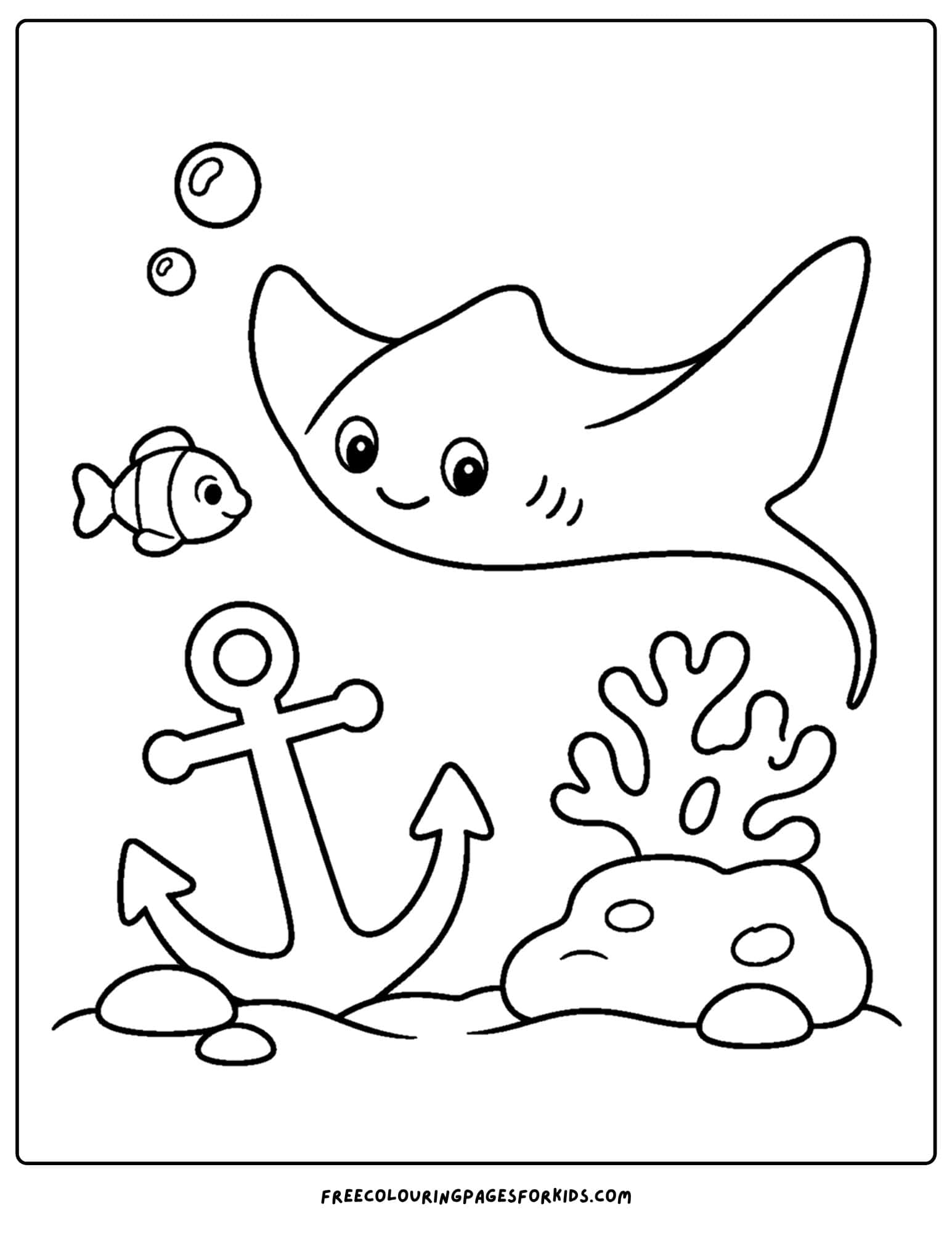 a coloring page of a stingray beside some coral and an anchor