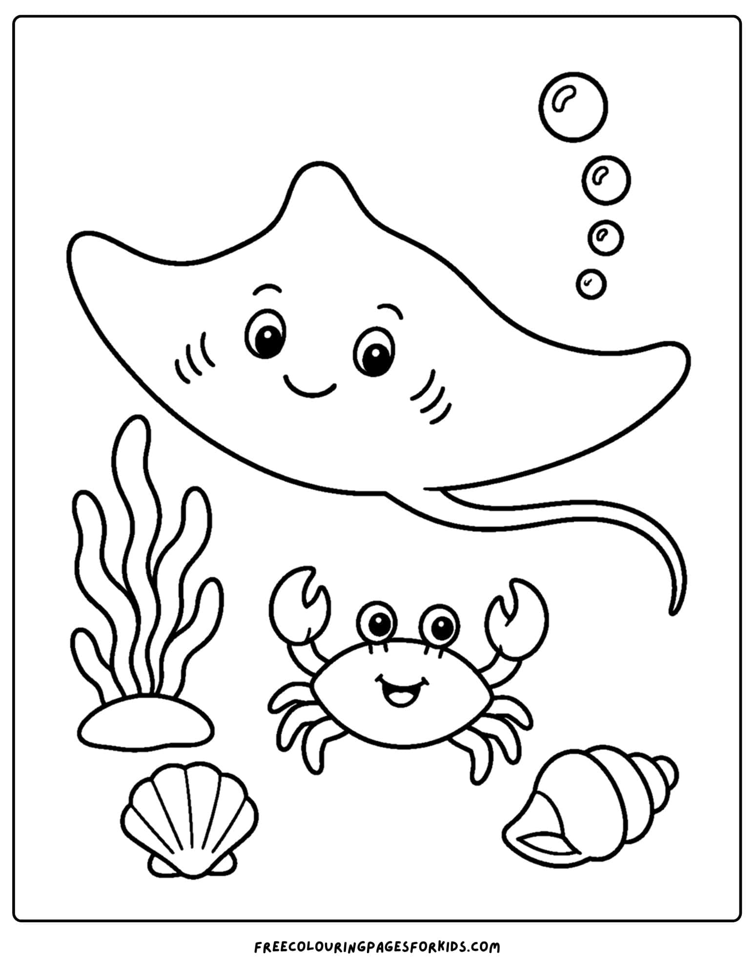 a coloring page of a stingray and a tiny crab