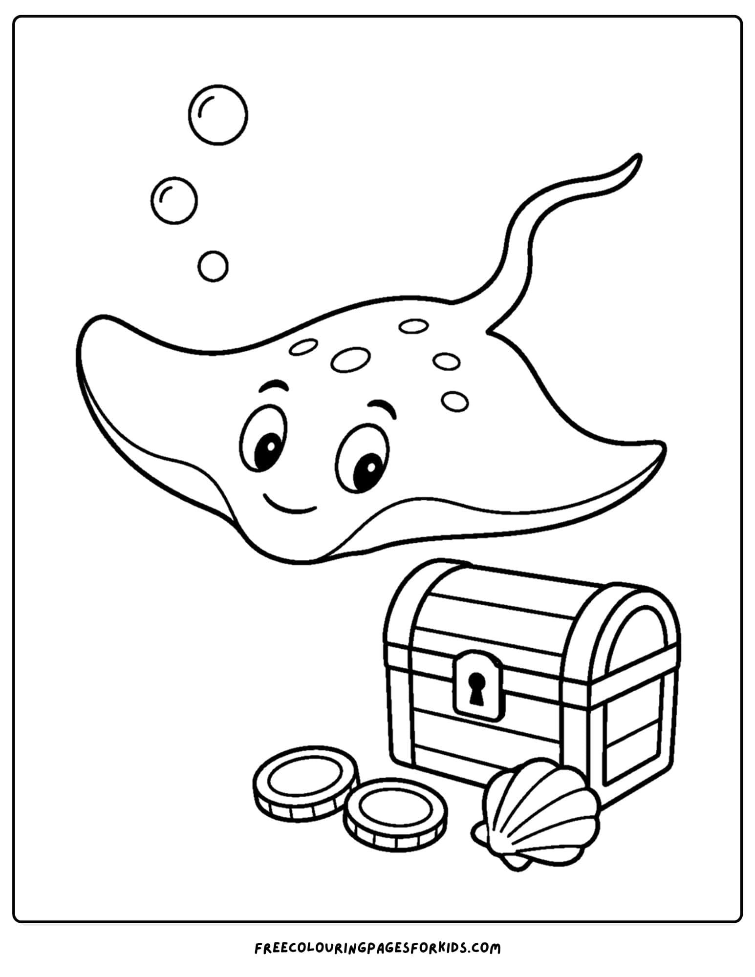 a coloring page of a stingray beside a treasure chest
