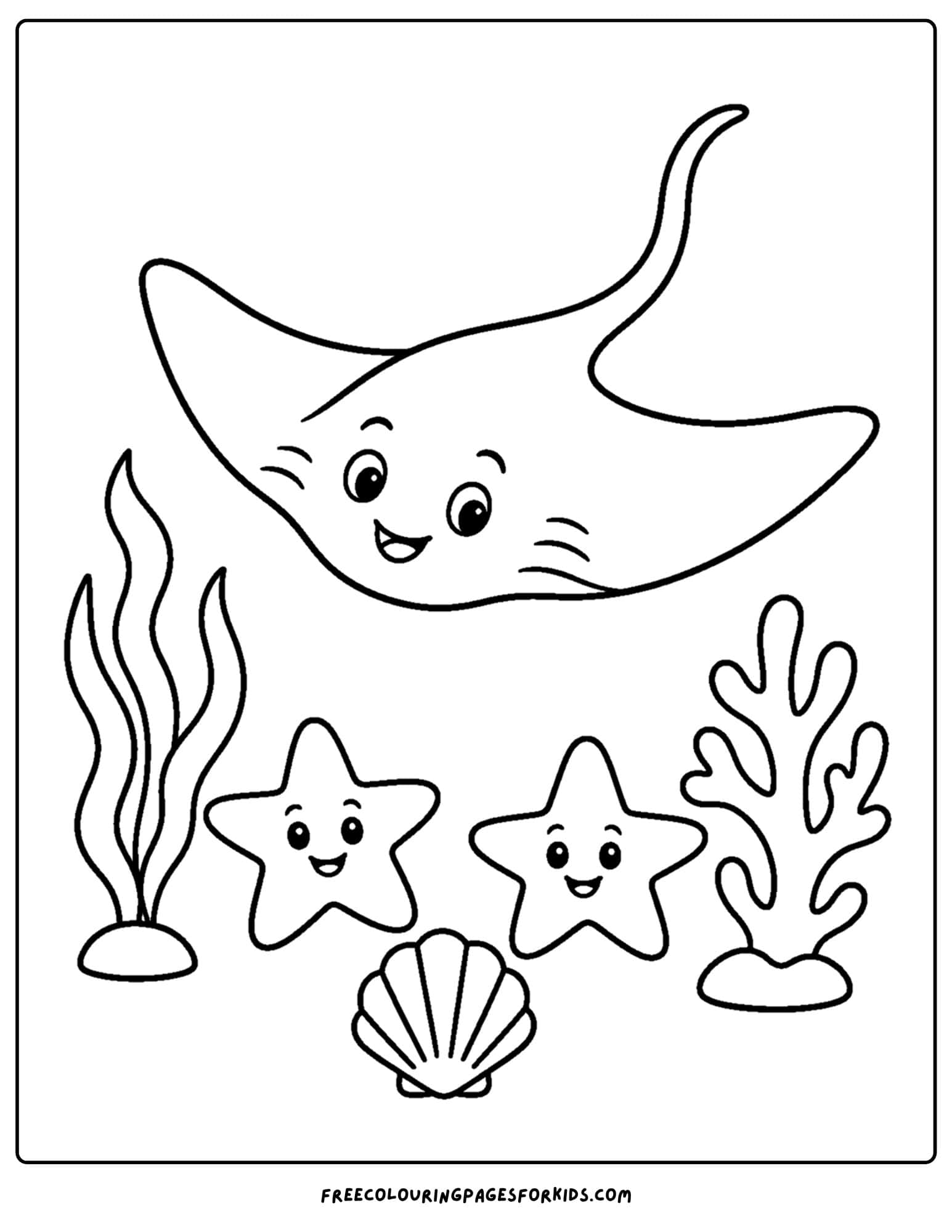 a coloring page of a stingray with two starfish
