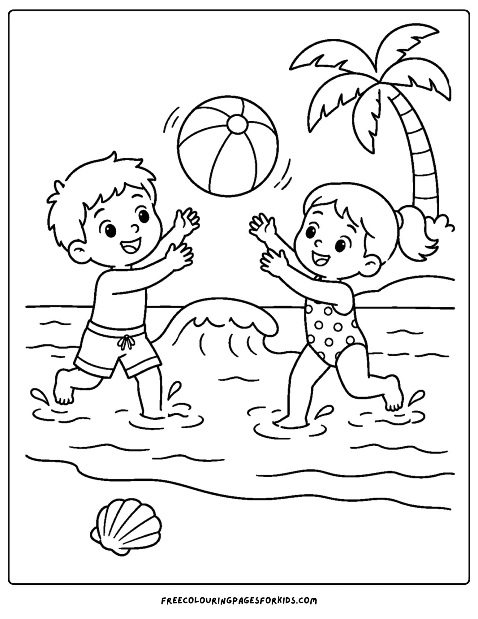 a swimming coloring page showing kids playing with a ball at the beach by the water