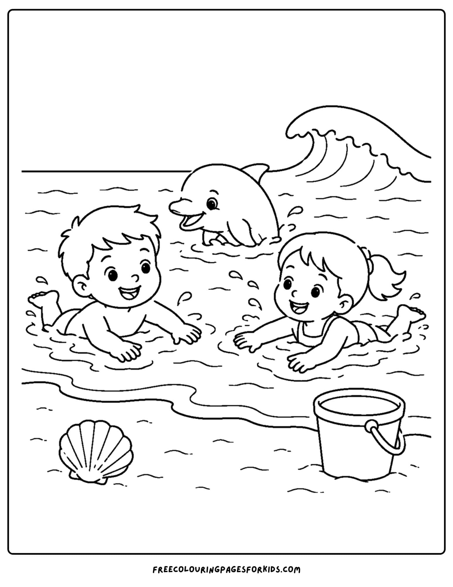 a swimming coloring page showing kids swimming with a dolphin at the beach