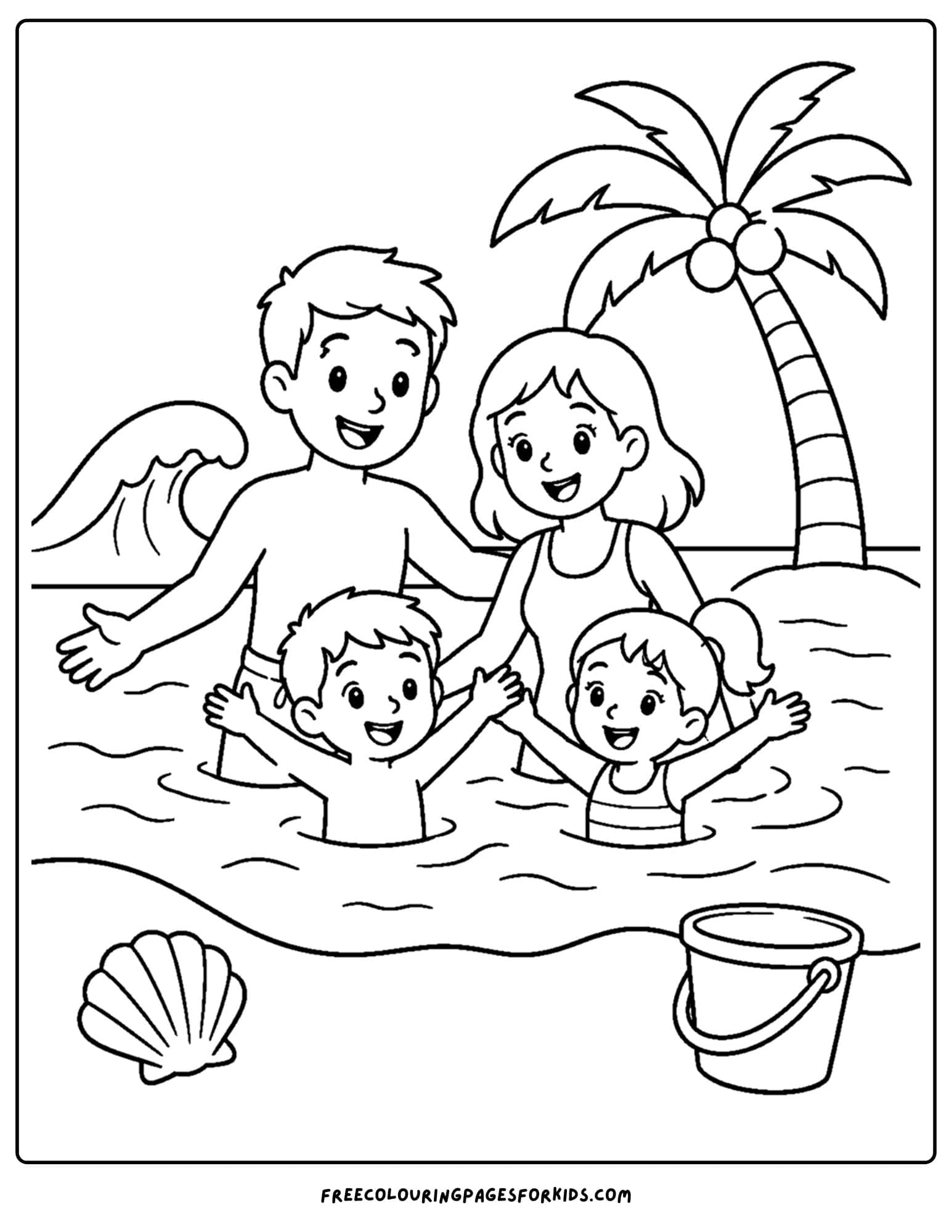 a swimming coloring page showing a family at the beach swimming around