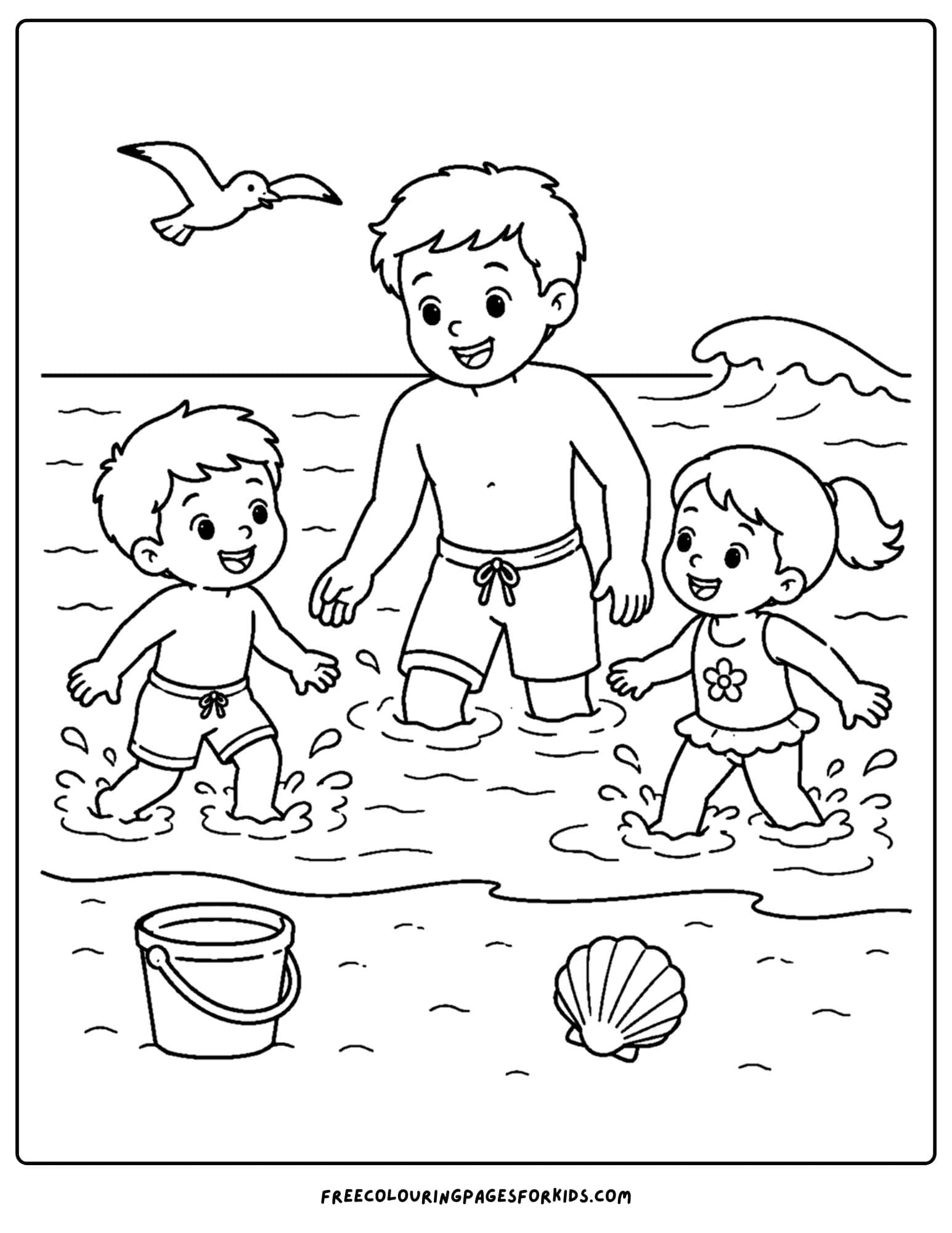 a swimming coloring page showing a family at the beach