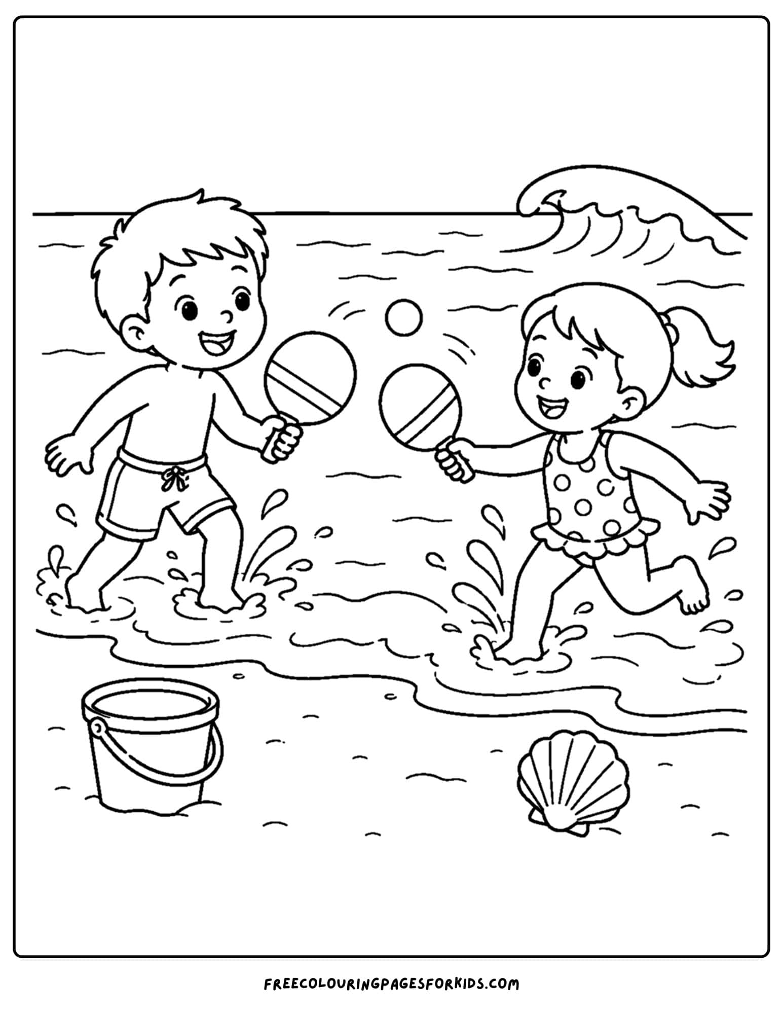 a swimming coloring page showing kids paddling and splashing in the water at the beach