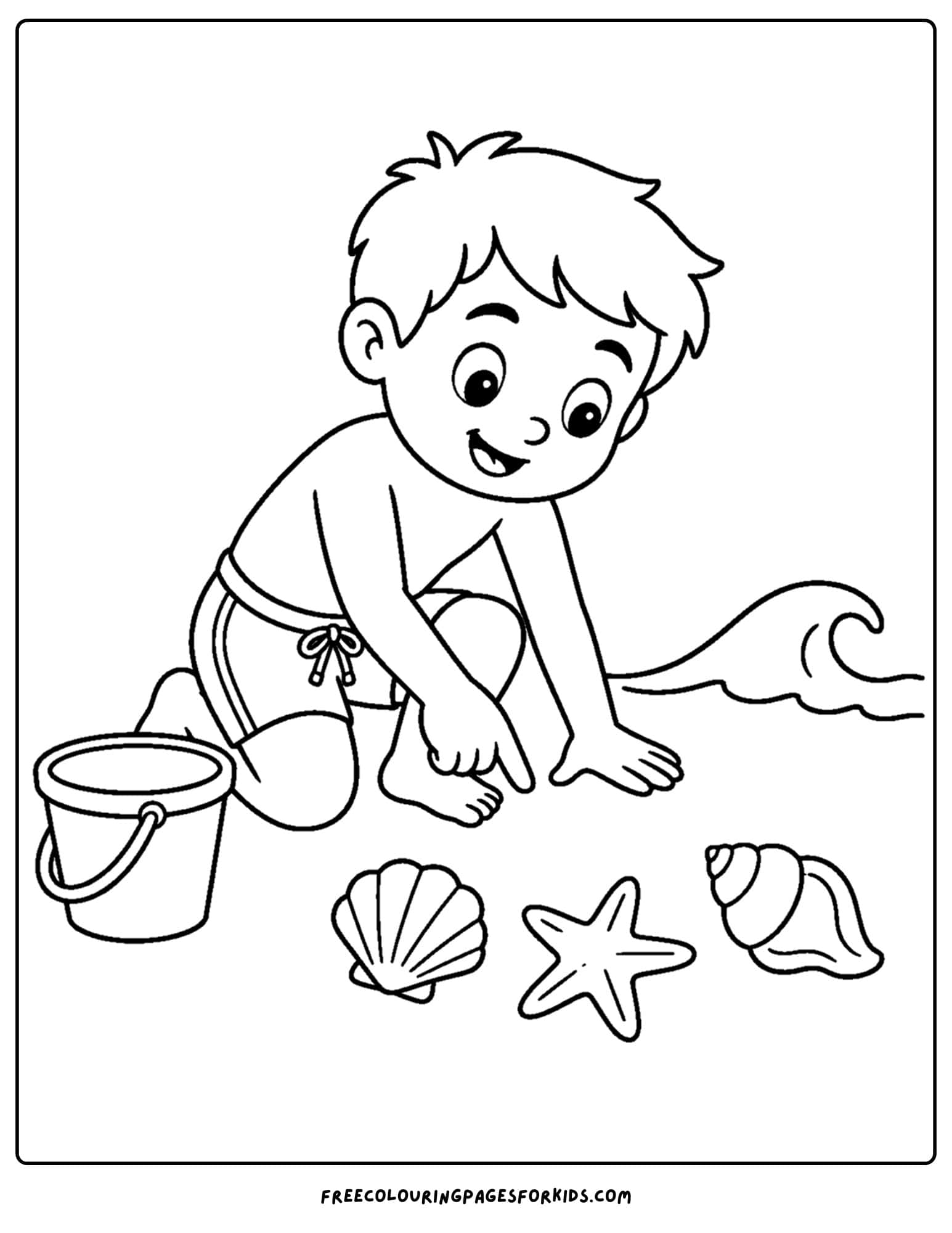 a swimming coloring page showing a child digging for treasure at the beach