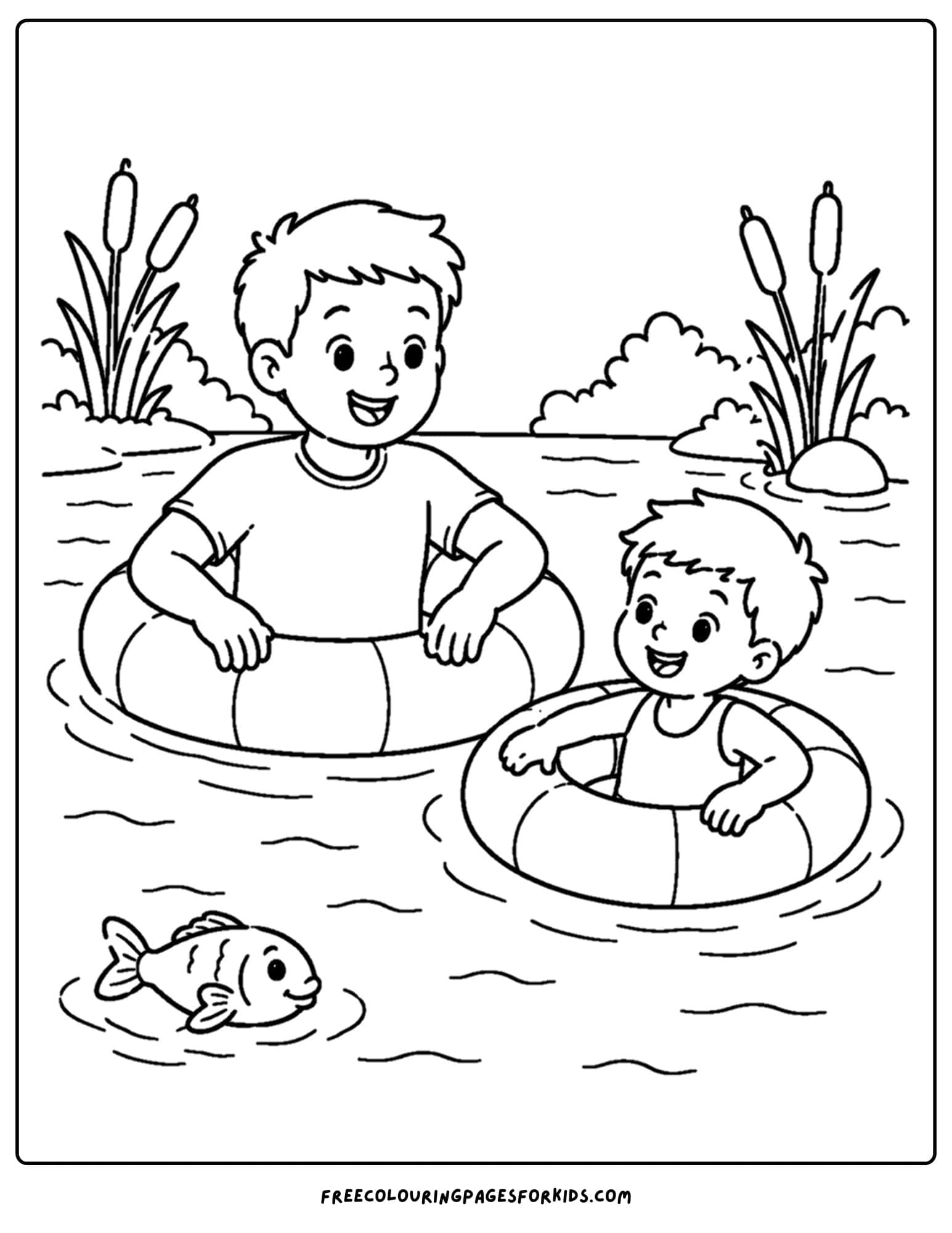a swimming coloring page showing a parent and child floating in a blog up ring