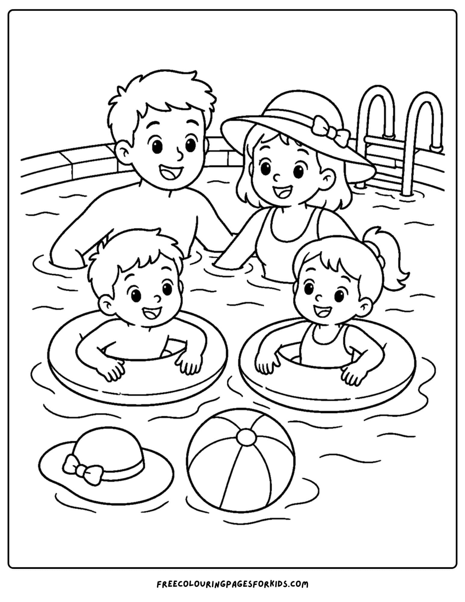 a swimming coloring page showing a family in the pool together