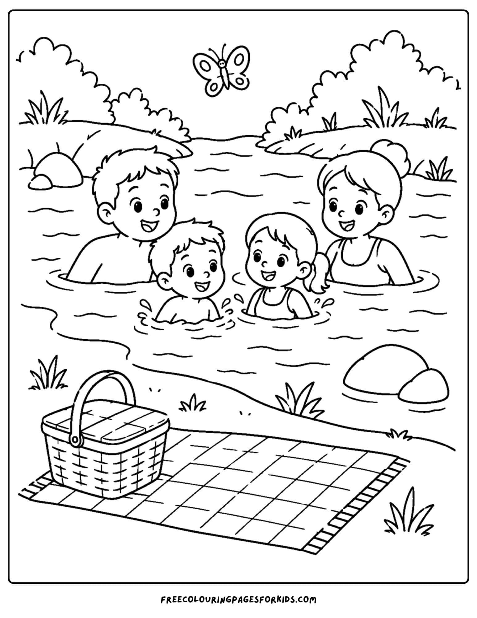 a swimming coloring page showing a family swimming and having a picnic at the river