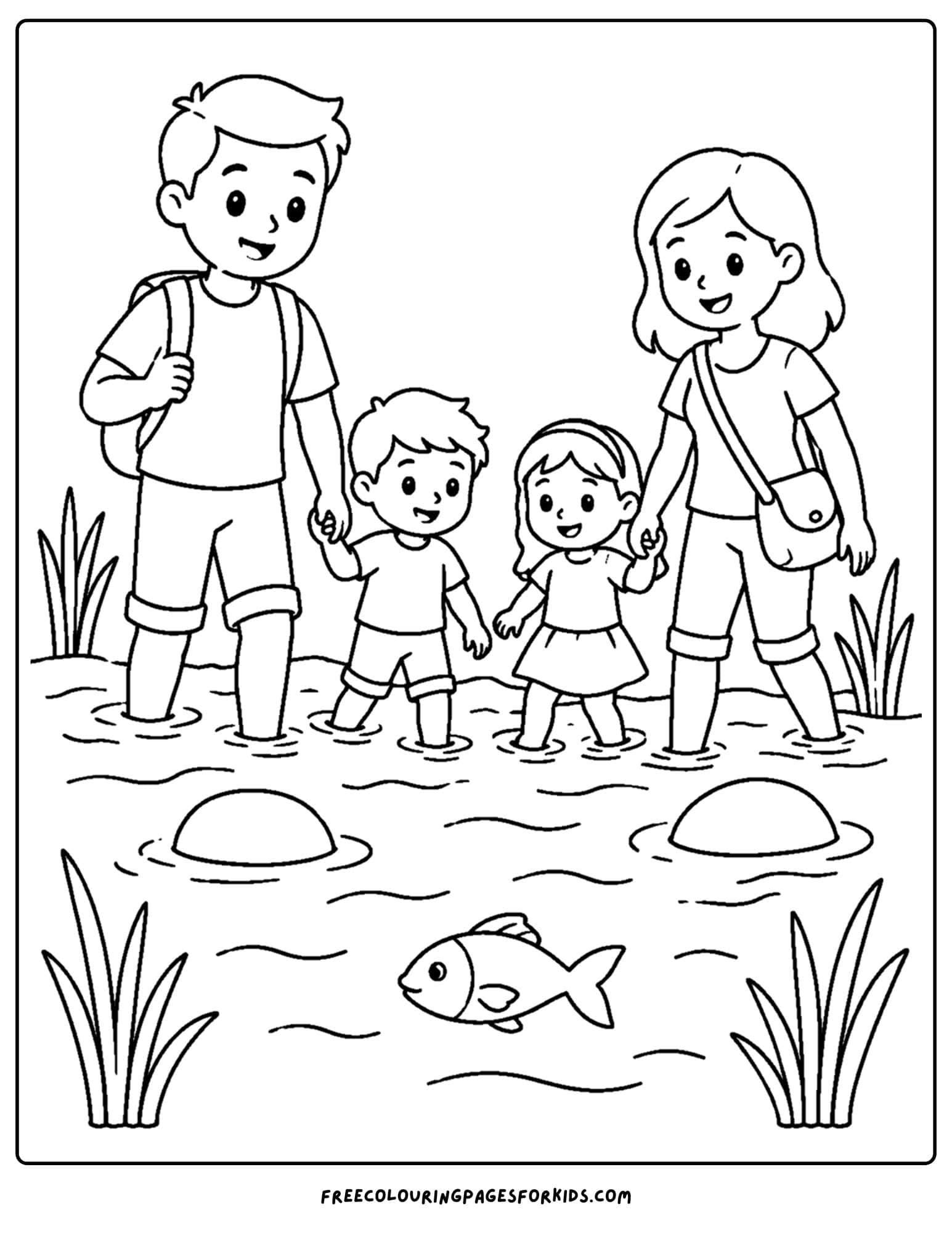 a swimming coloring page showing a family wading into the water