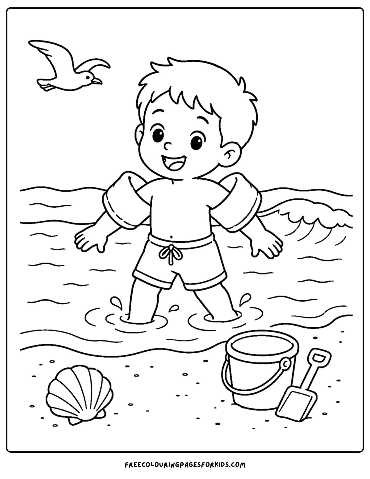 a swimming coloring page showing a child with inflatable arm rings at the beach