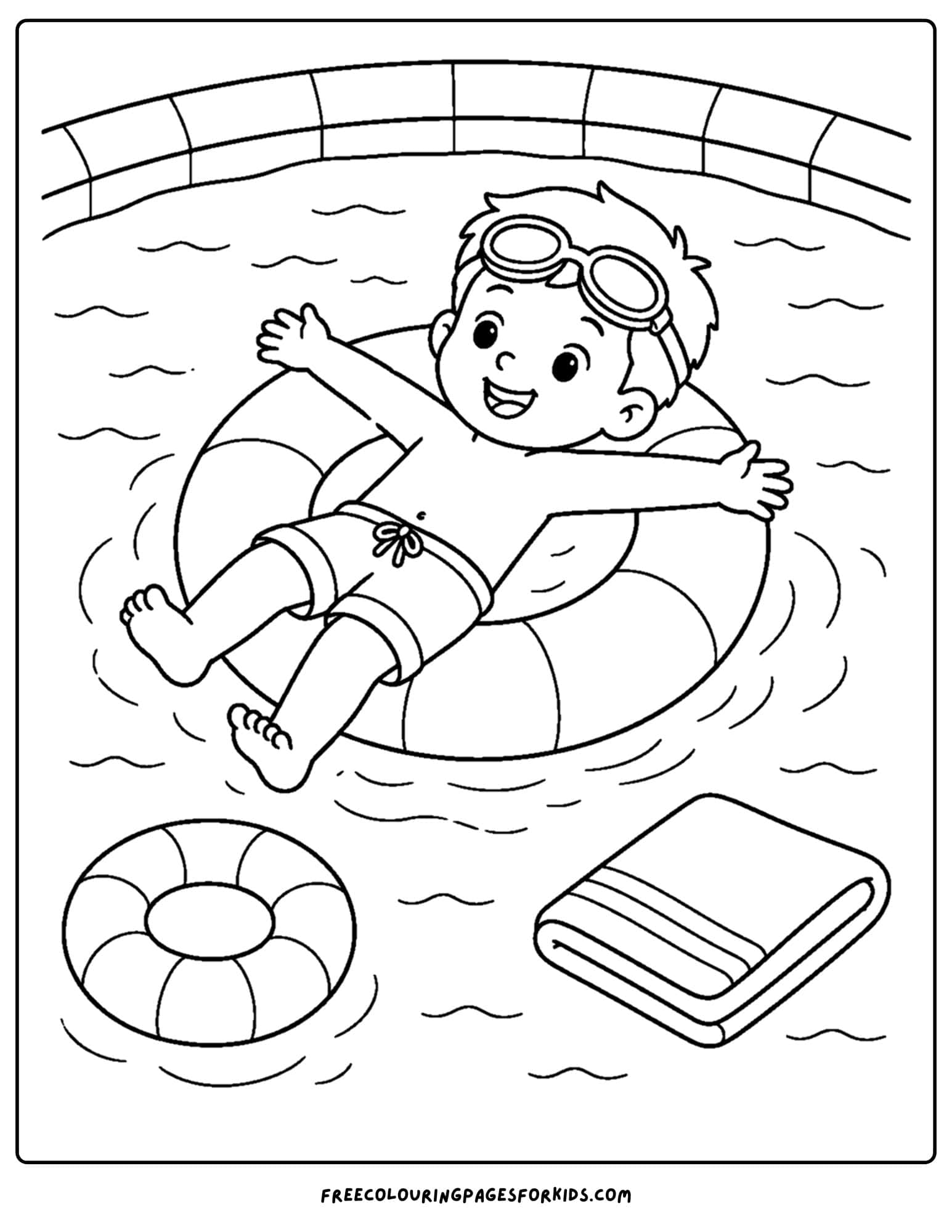 a swimming coloring page showing a child floating in a pool ring