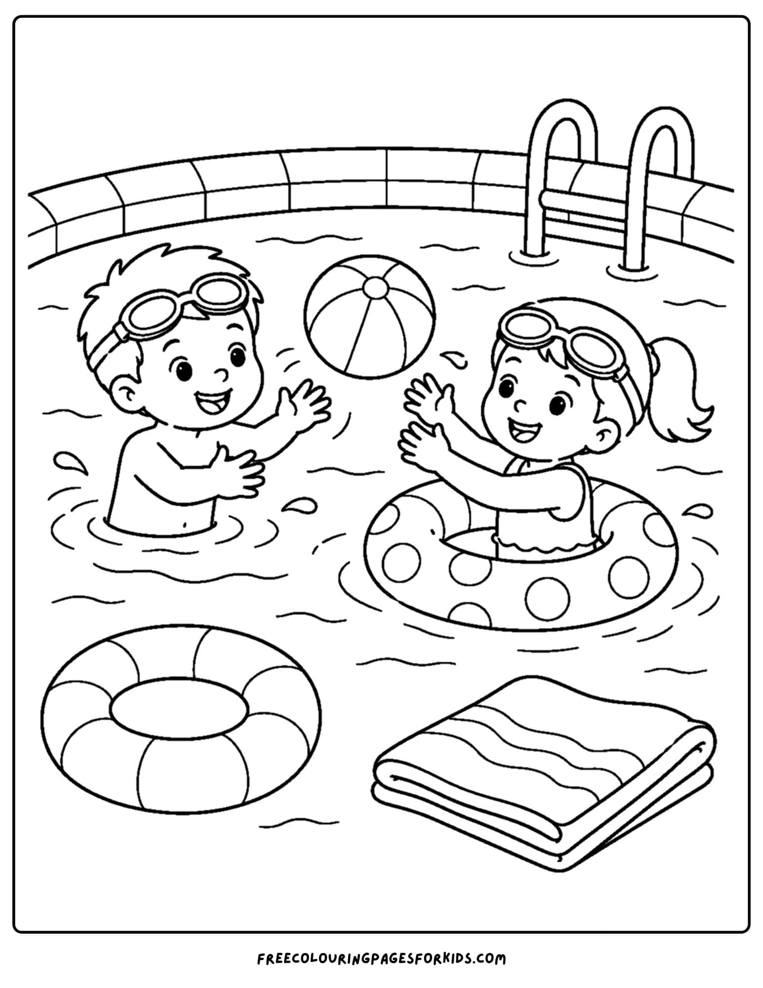 a swimming coloring page showing kids wearing googles playing in a pool