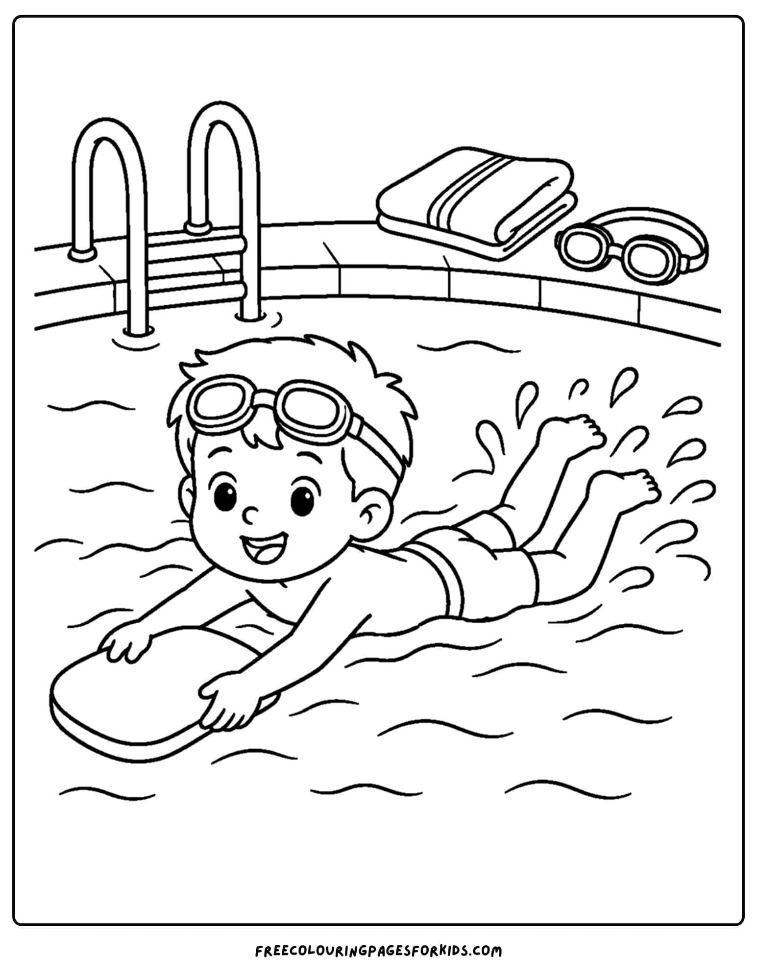 a swimming coloring page showing a child practicing their kicking in the pool