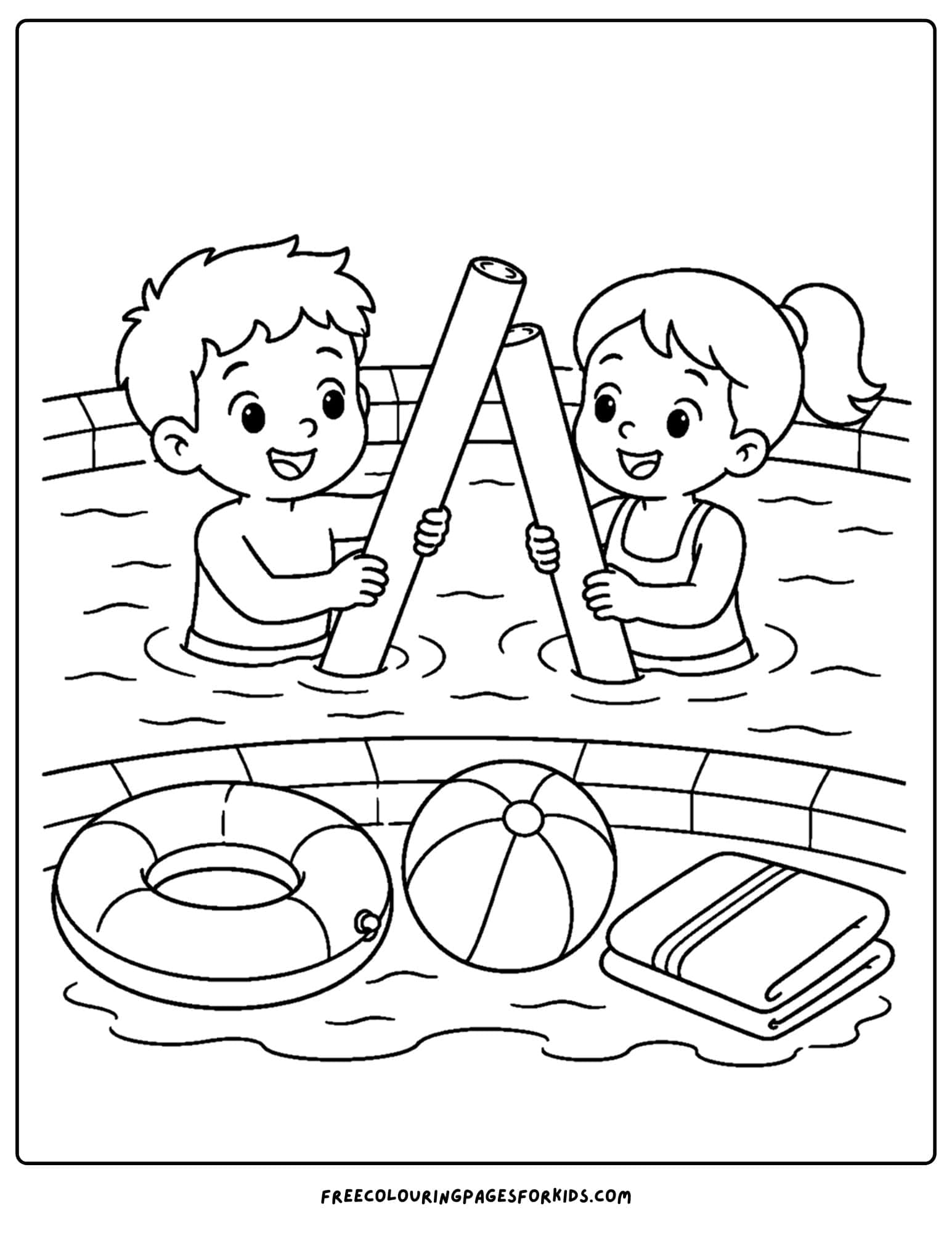 a swimming coloring page showing two children playing with pool noodles in the water