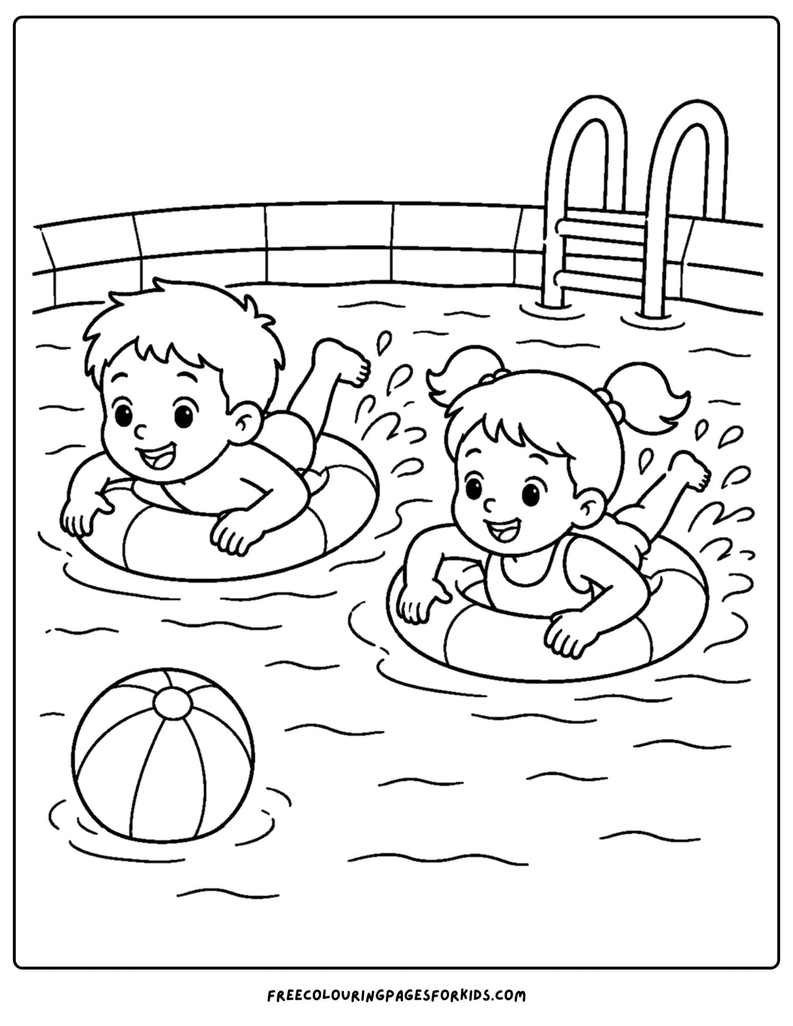 a swimming coloring page showing two kids racing across the pool