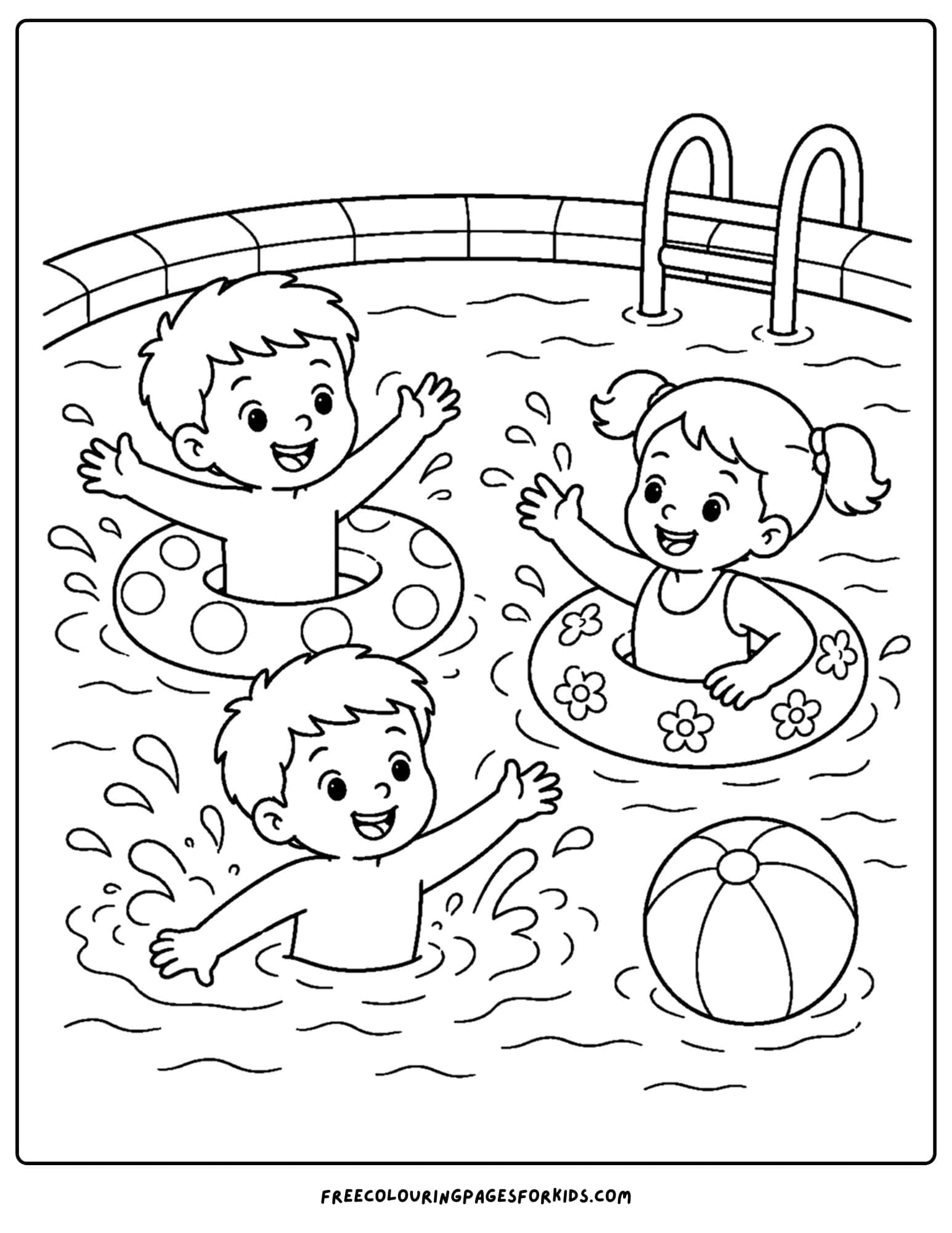 a swimming coloring page showing kids splashing around in the pool