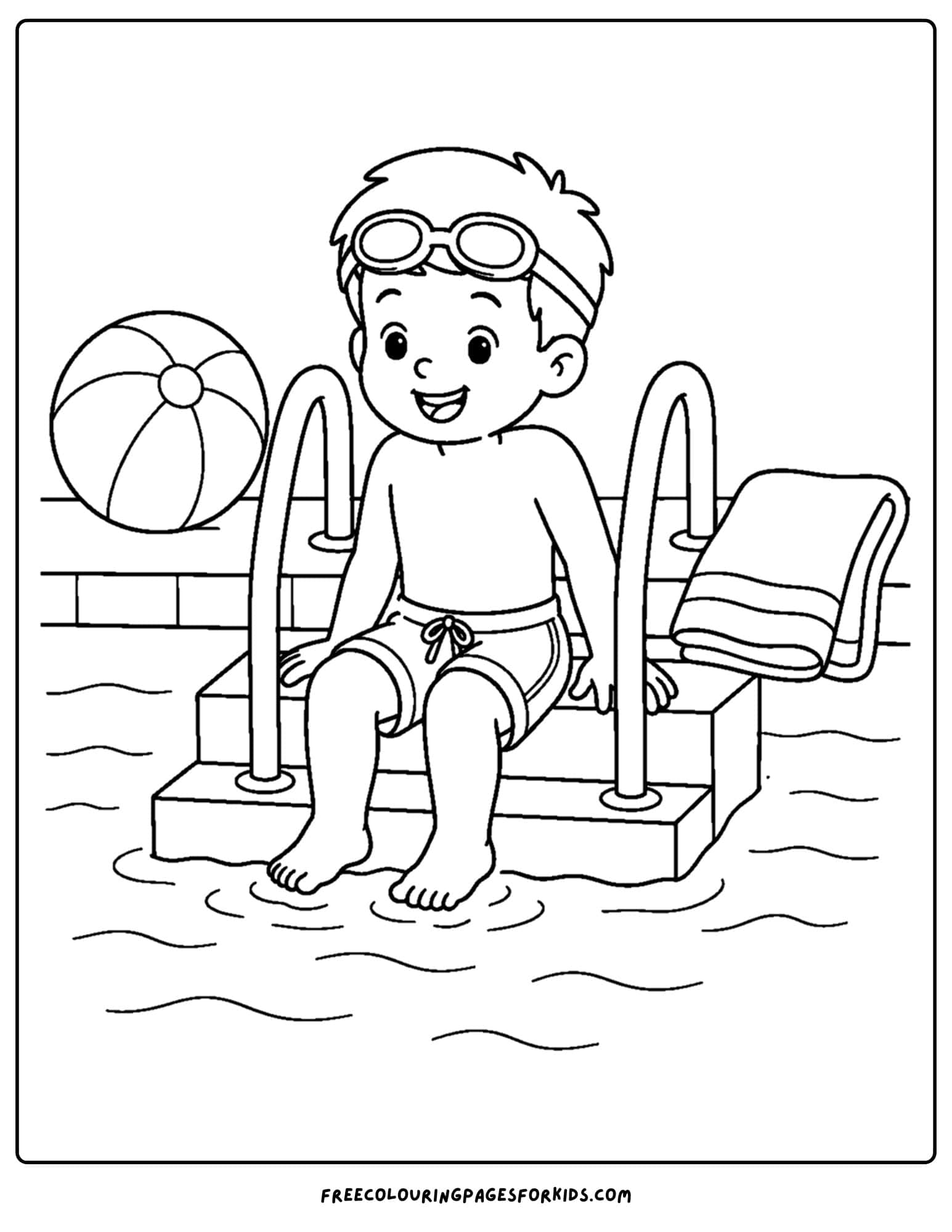a swimming coloring page showing a child going down the steps into a pool
