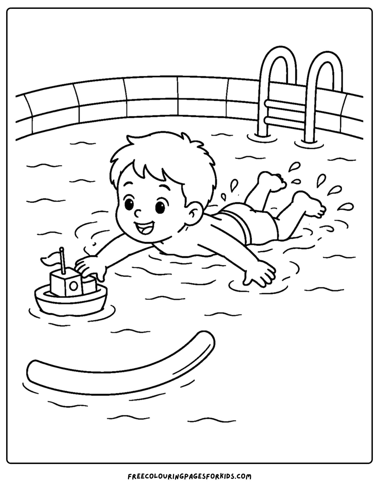 a swimming coloring page showing a child swimming to get a toy in the pool