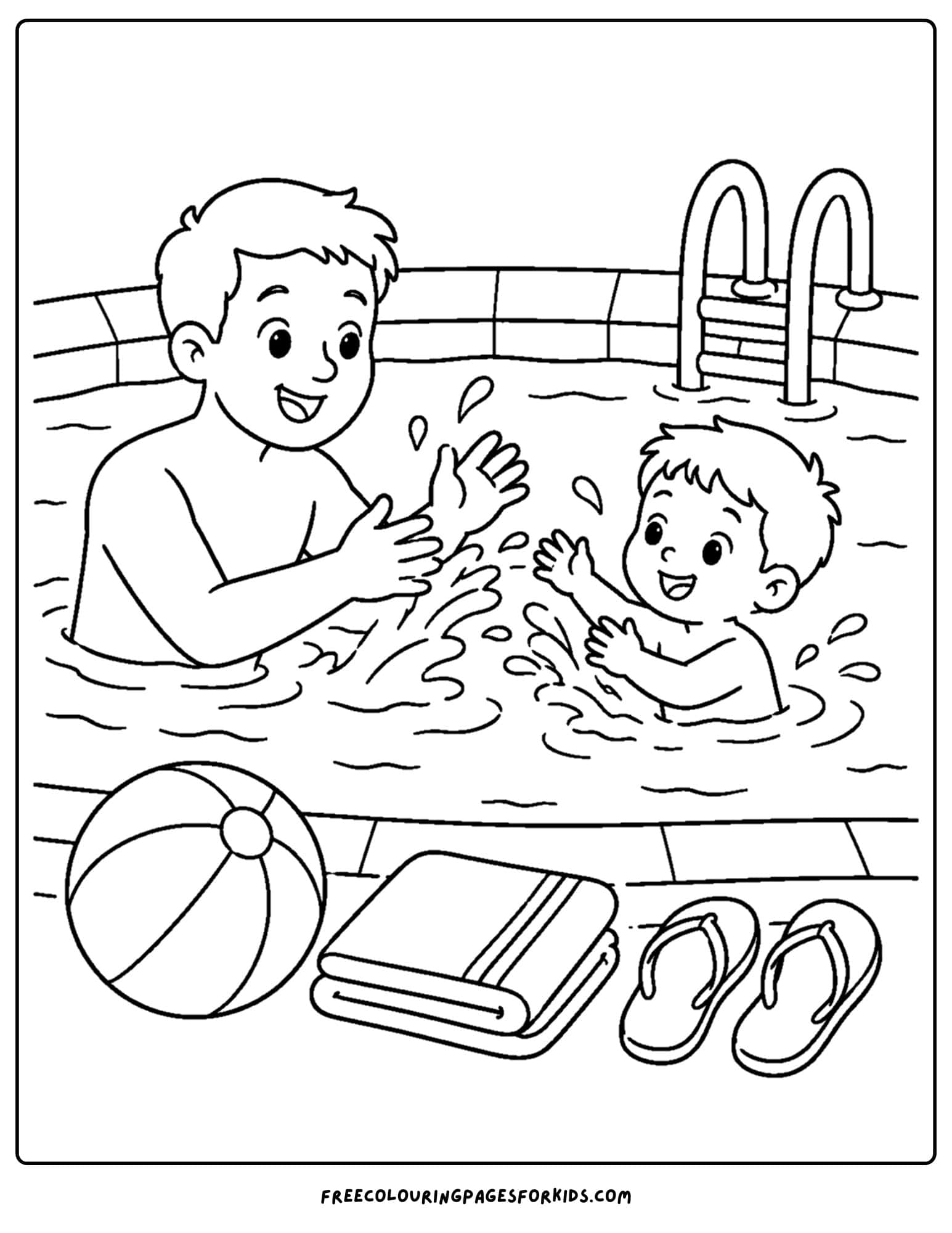 a swimming coloring page showing a parent and child splashing in the pool
