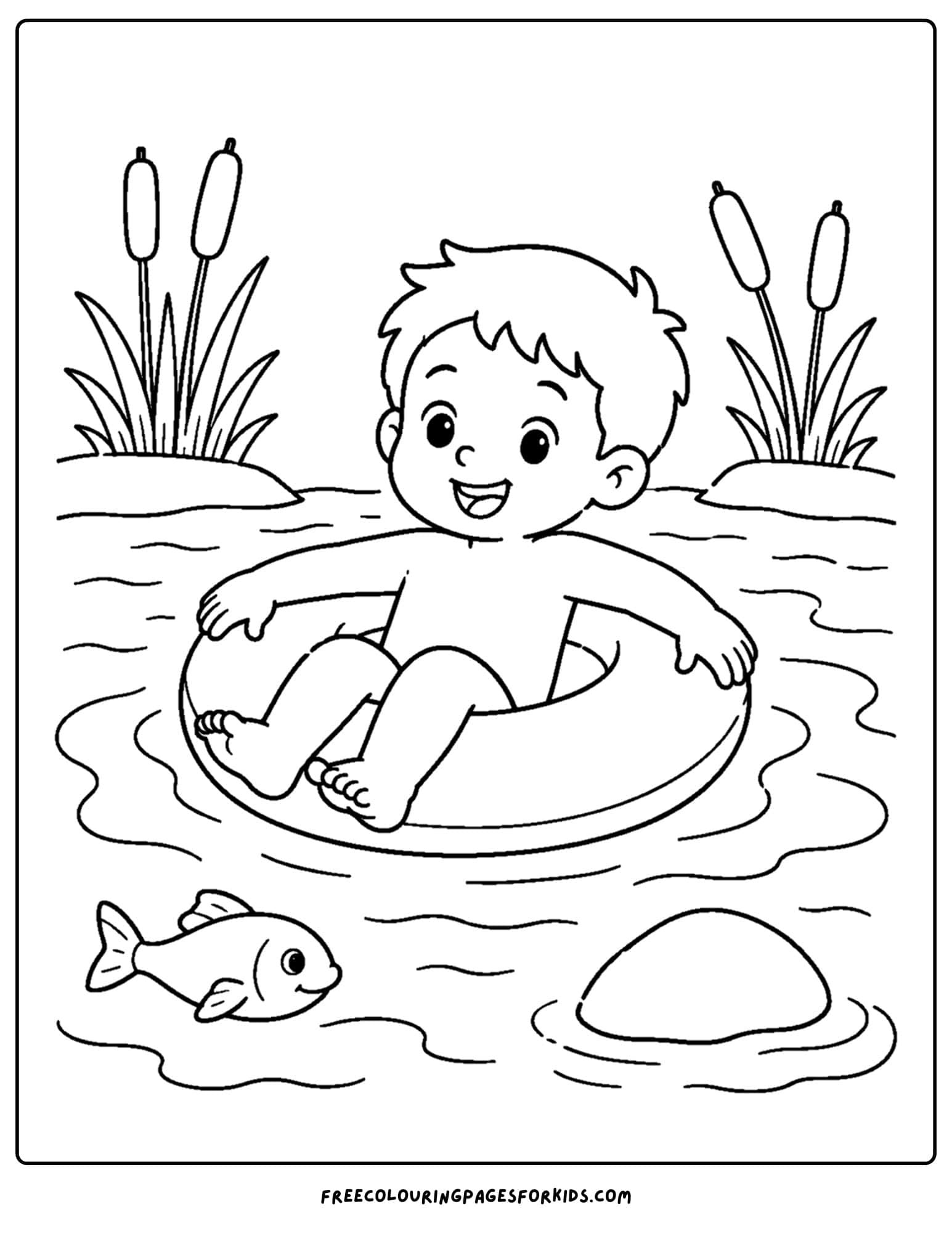 a swimming coloring page showing a child floating on a ring in the river