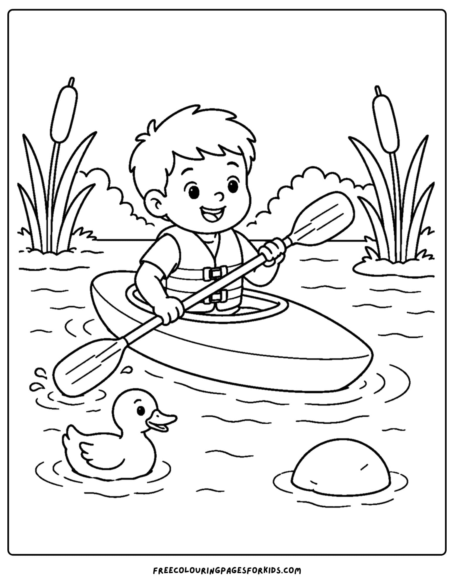 a swimming coloring page showing a child paddling in a canoe to a swimming hole