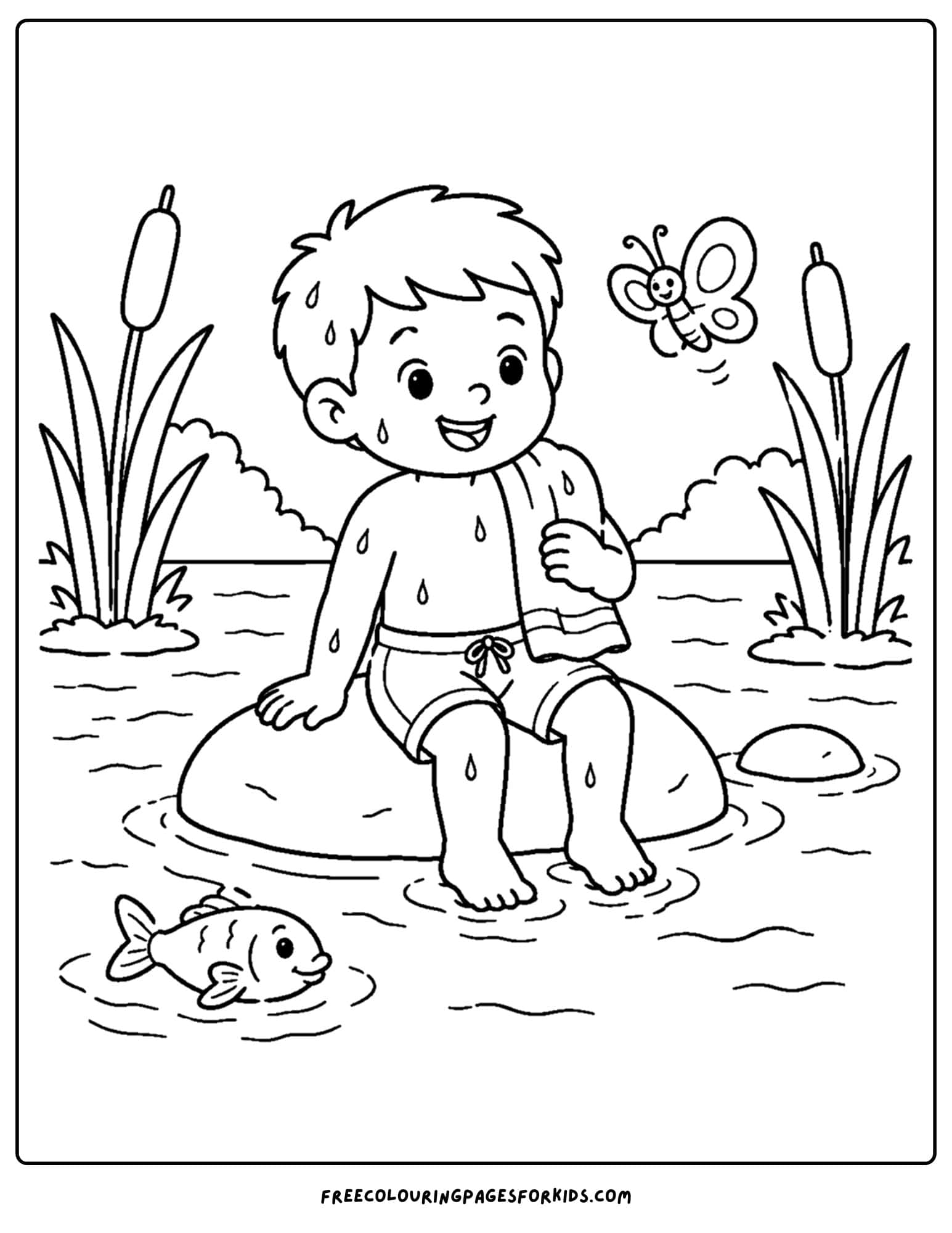 a swimming coloring page showing a child sitting on a rock resting with their feet in the water