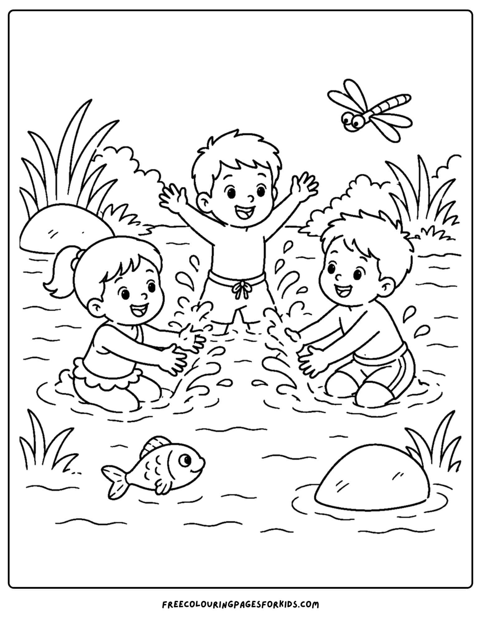 a swimming coloring page showing kids splashing in river