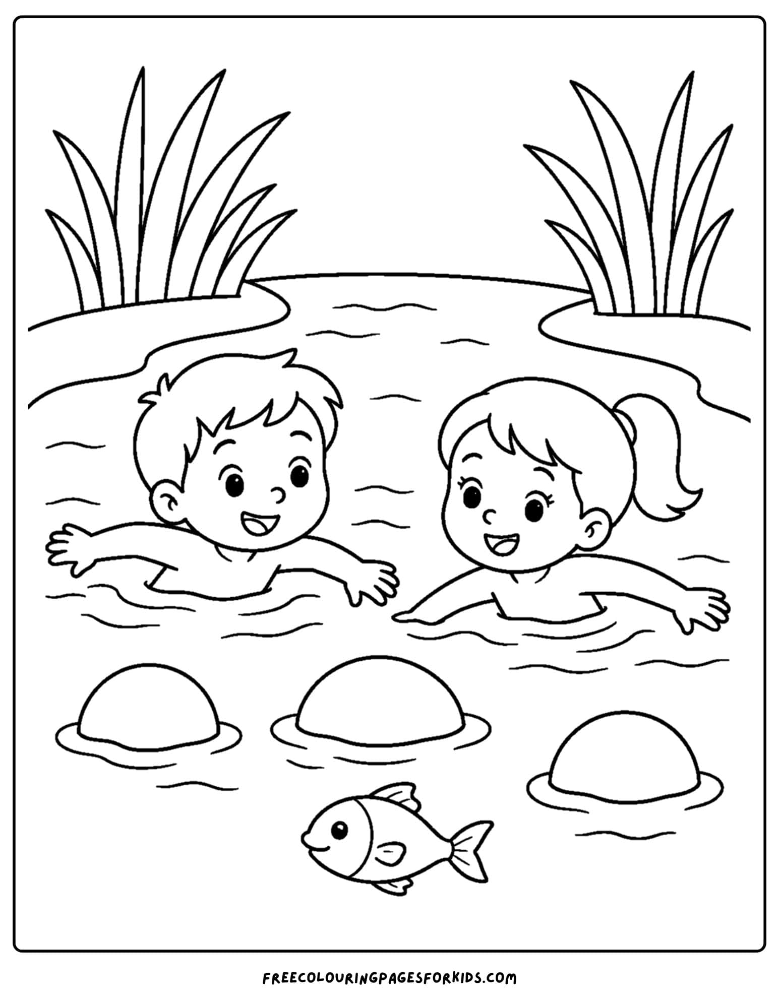 a swimming coloring page showing two kids swimming in a river