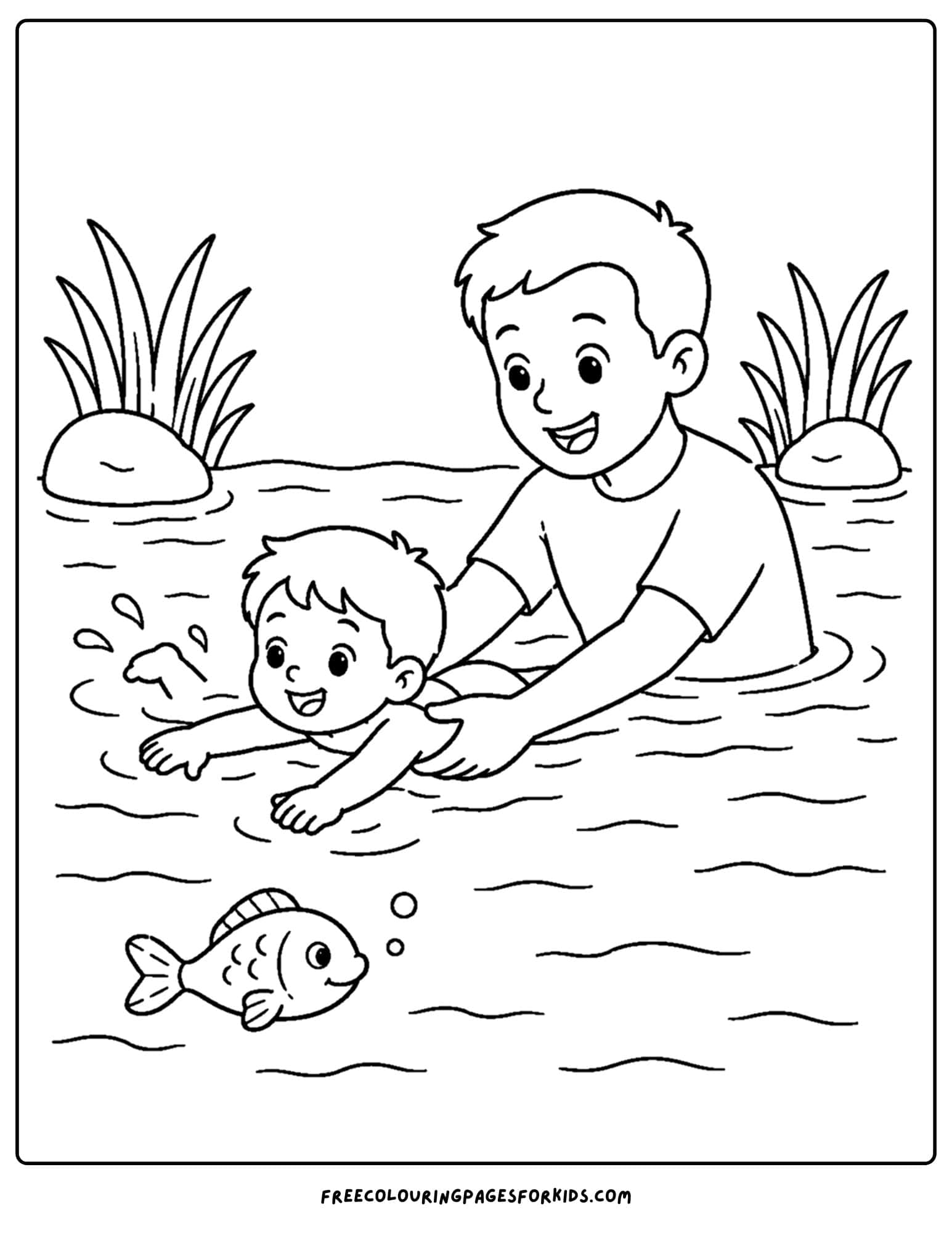 a swimming coloring page showing parent teaching a child to swim