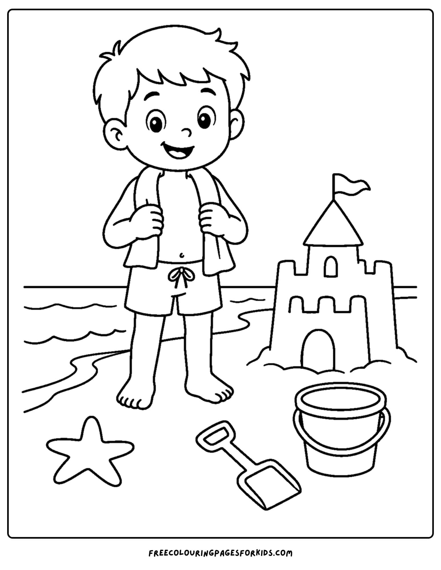 a swimming coloring page showing a child at the beach beside a sandcastle