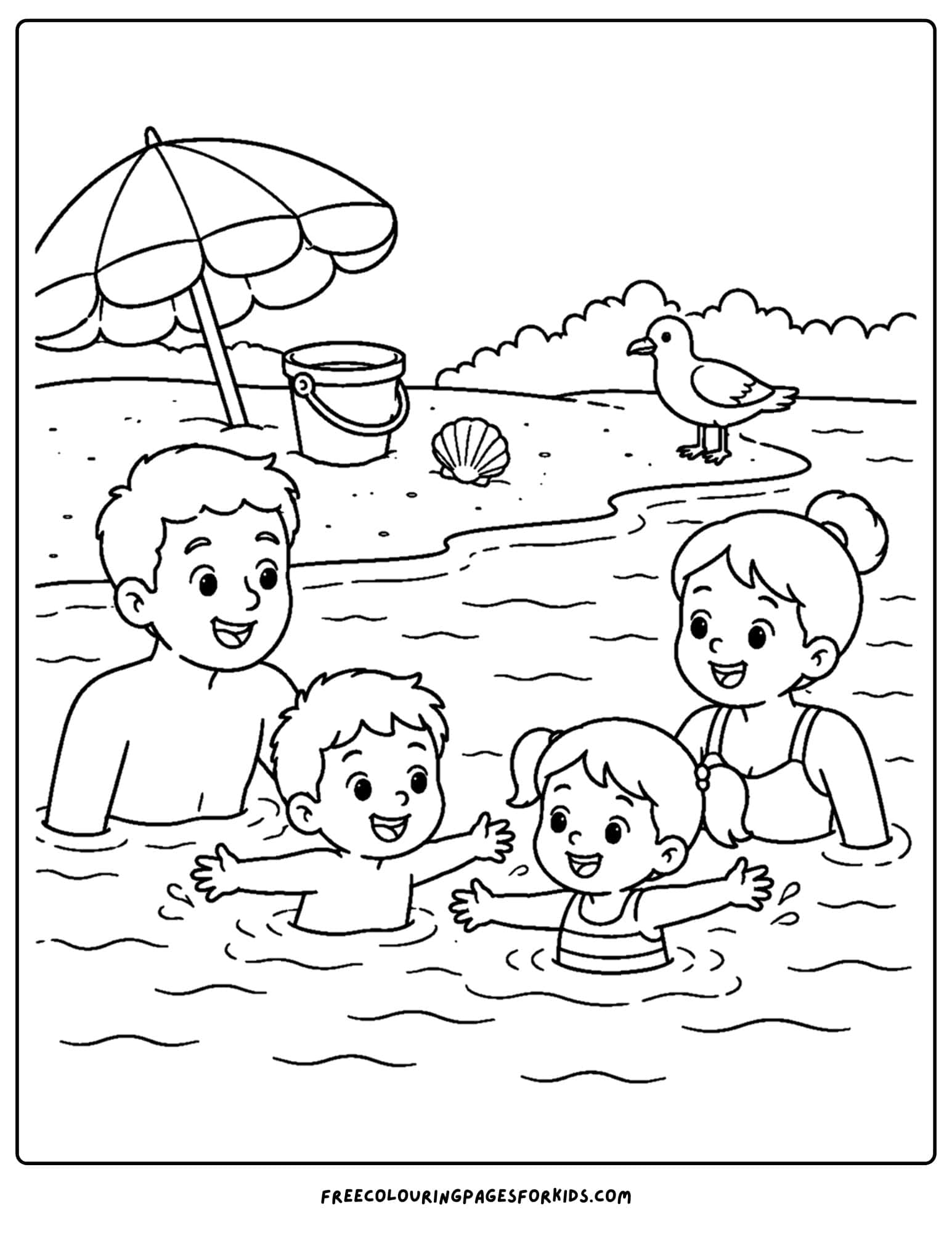 a swimming coloring page showing a family at the beach in the water