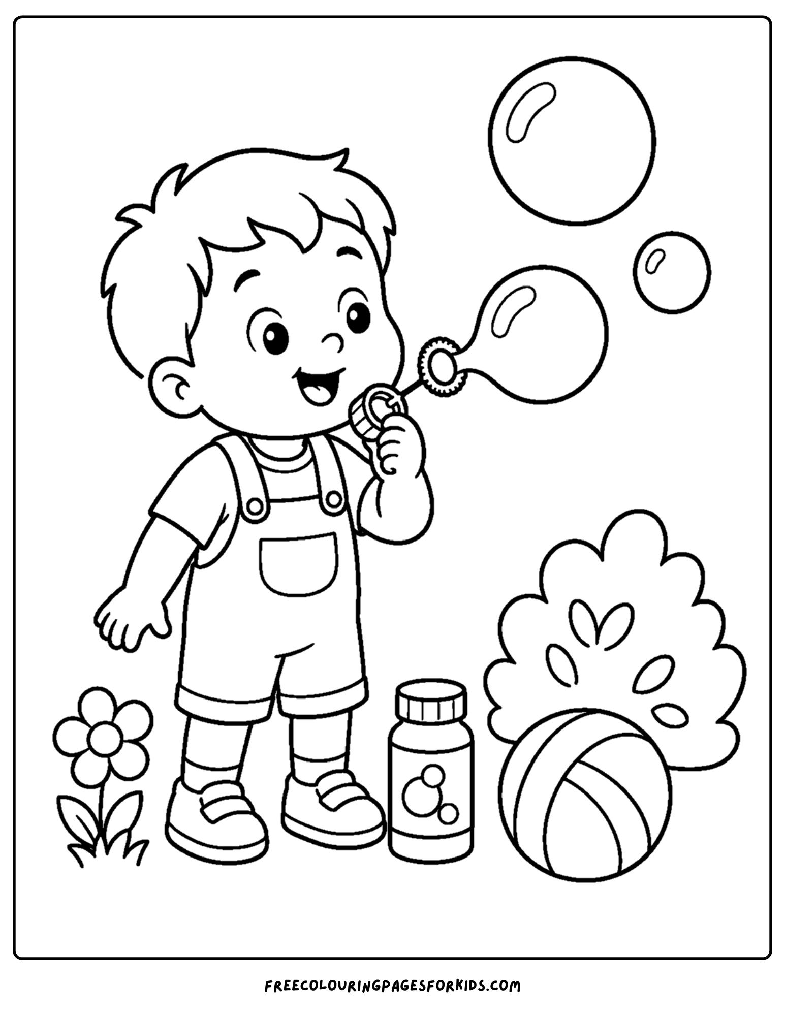 a toddler themed coloring page showing a small child blowing bubbles