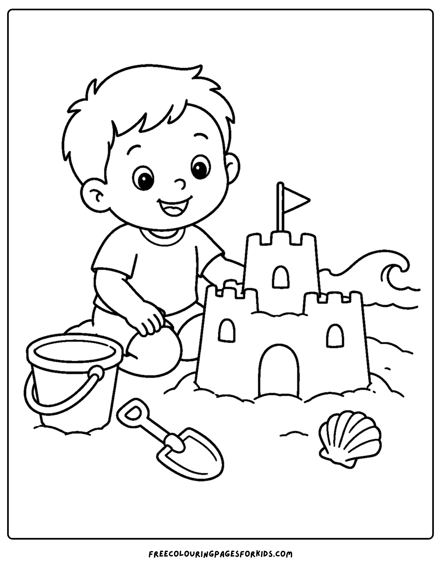 a toddler themed coloring page showing a small child building a sandcastle