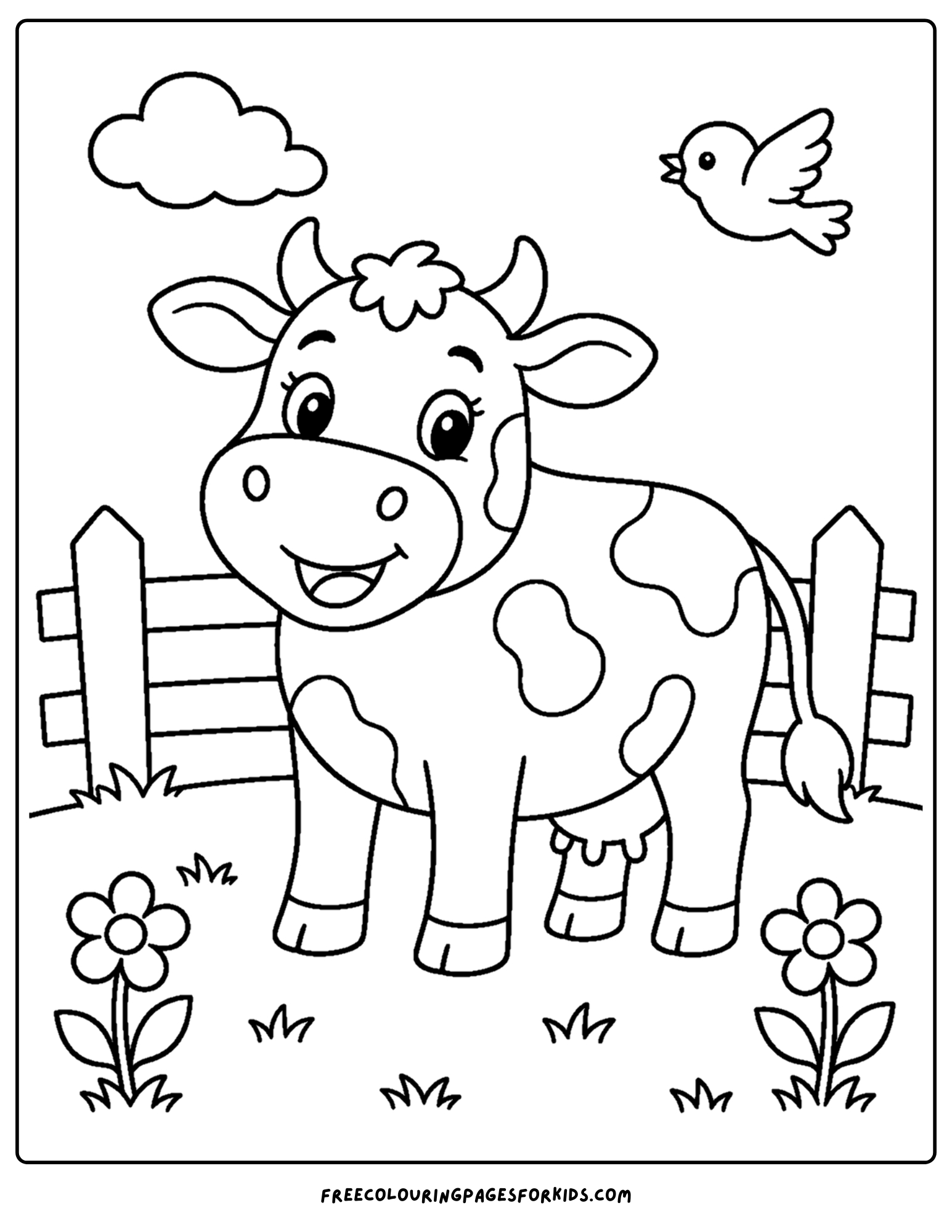 a toddler themed coloring page showing a cheerful cow