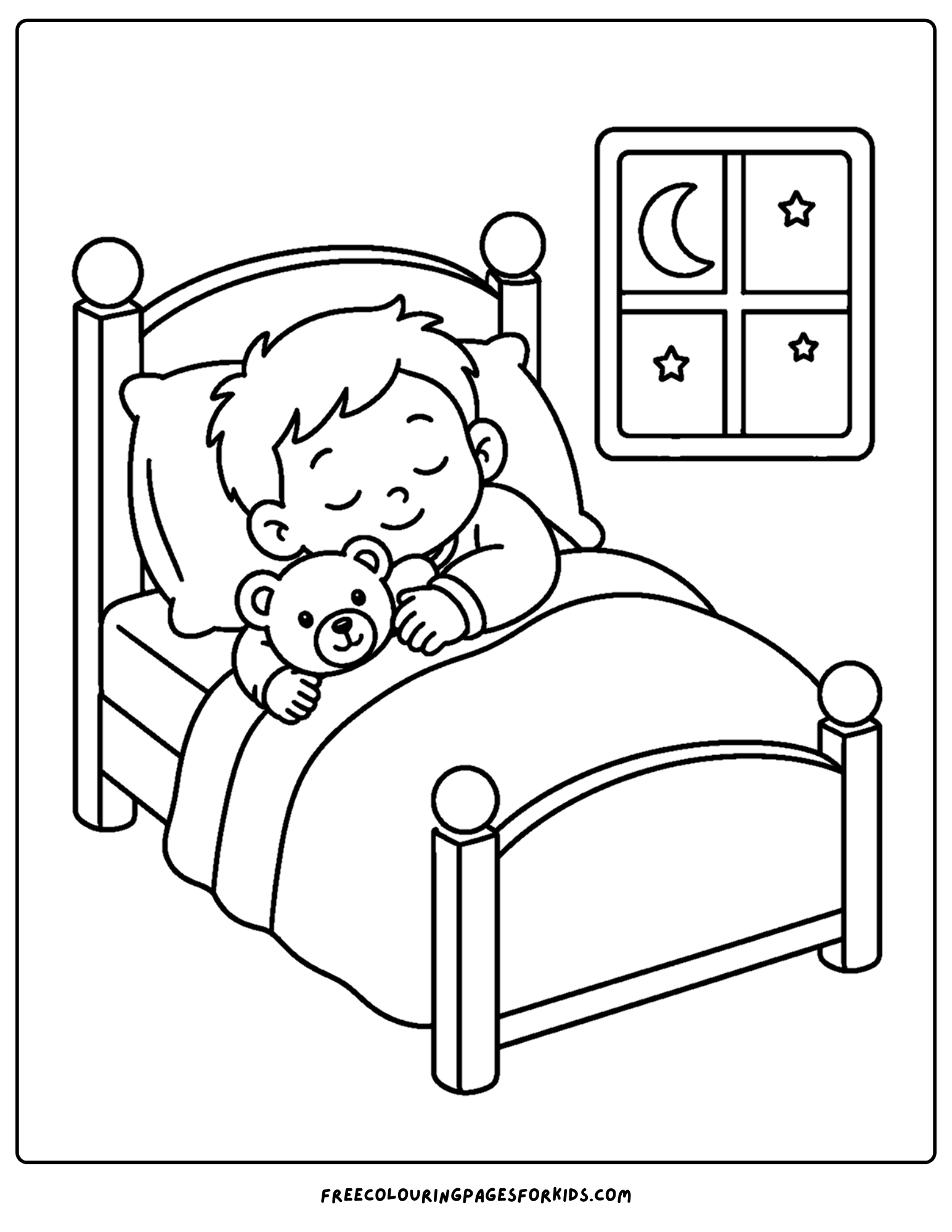 a toddler themed coloring page showing a small child hugging their teddy bear in bed