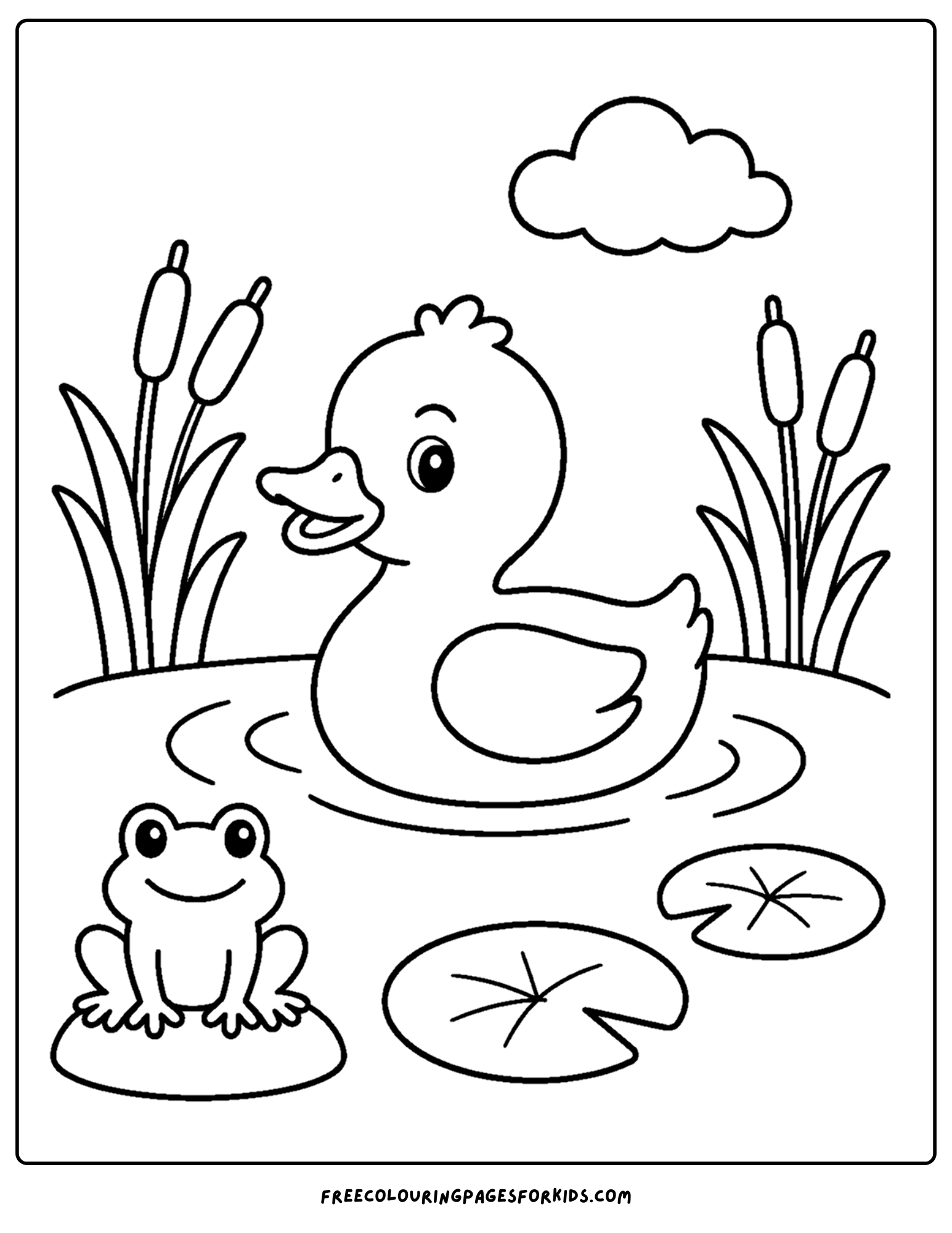 a toddler themed coloring page showing a duck on a pond