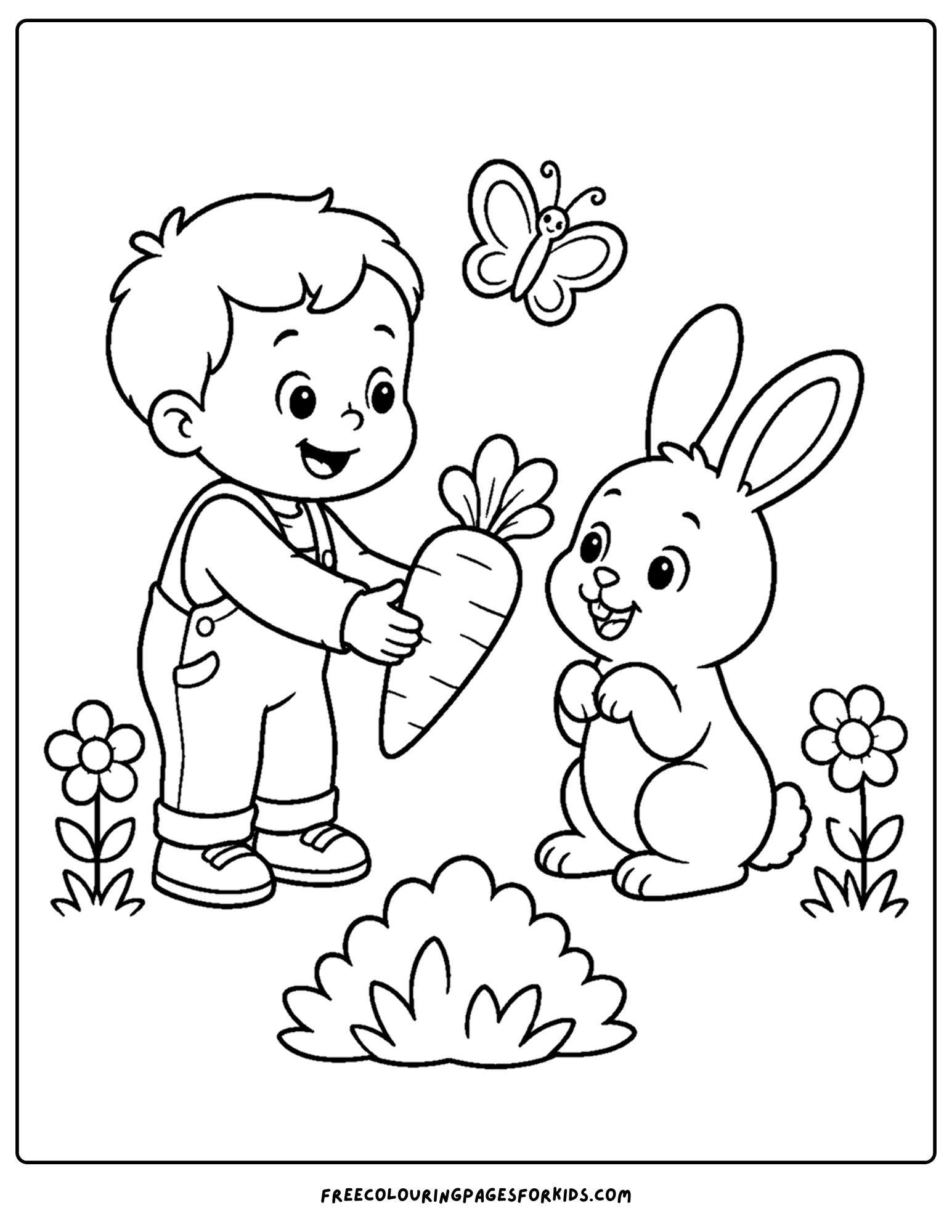 a toddler themed coloring page showing a child feeding a bunny rabbit