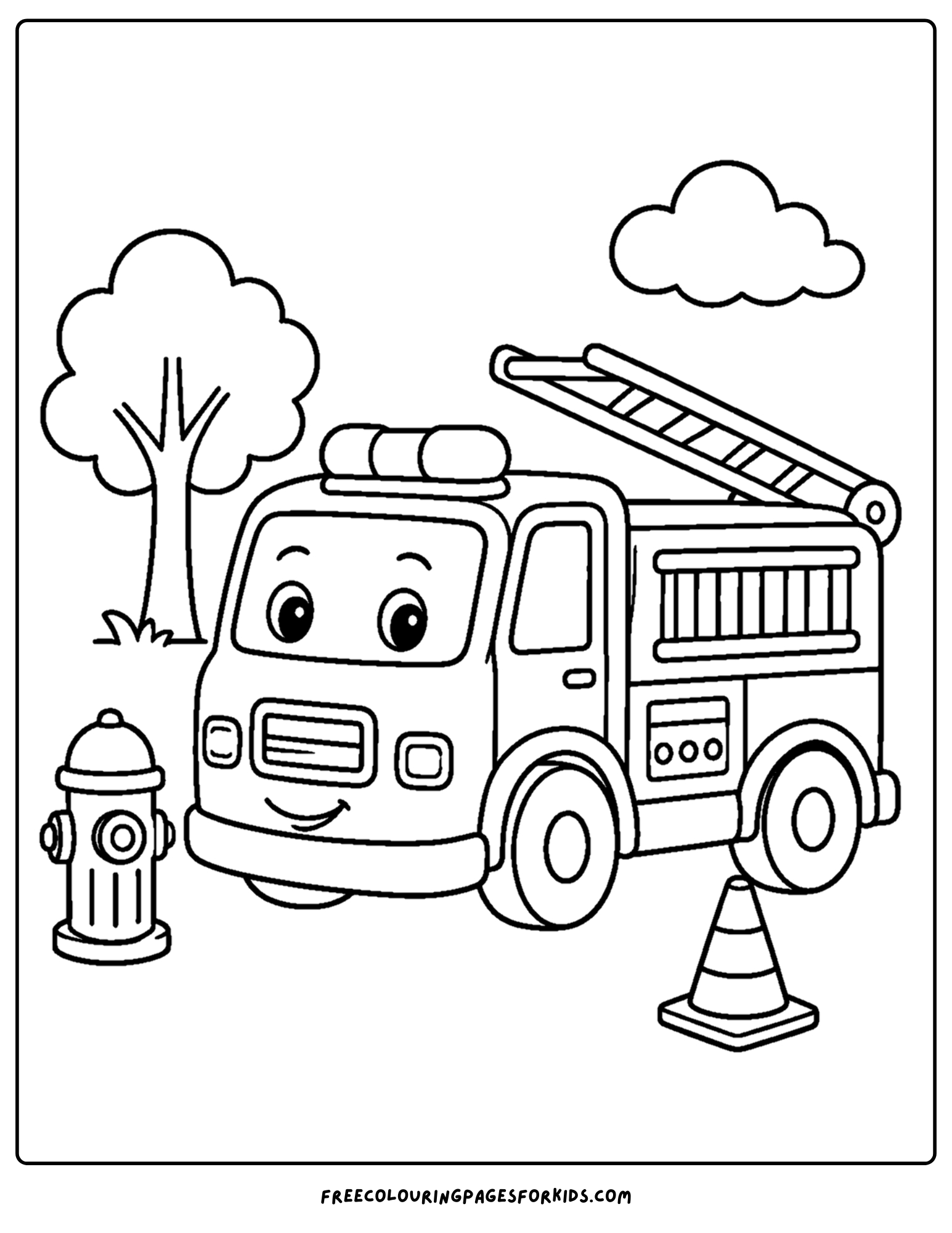 a toddler themed coloring page showing a friendly fire truck