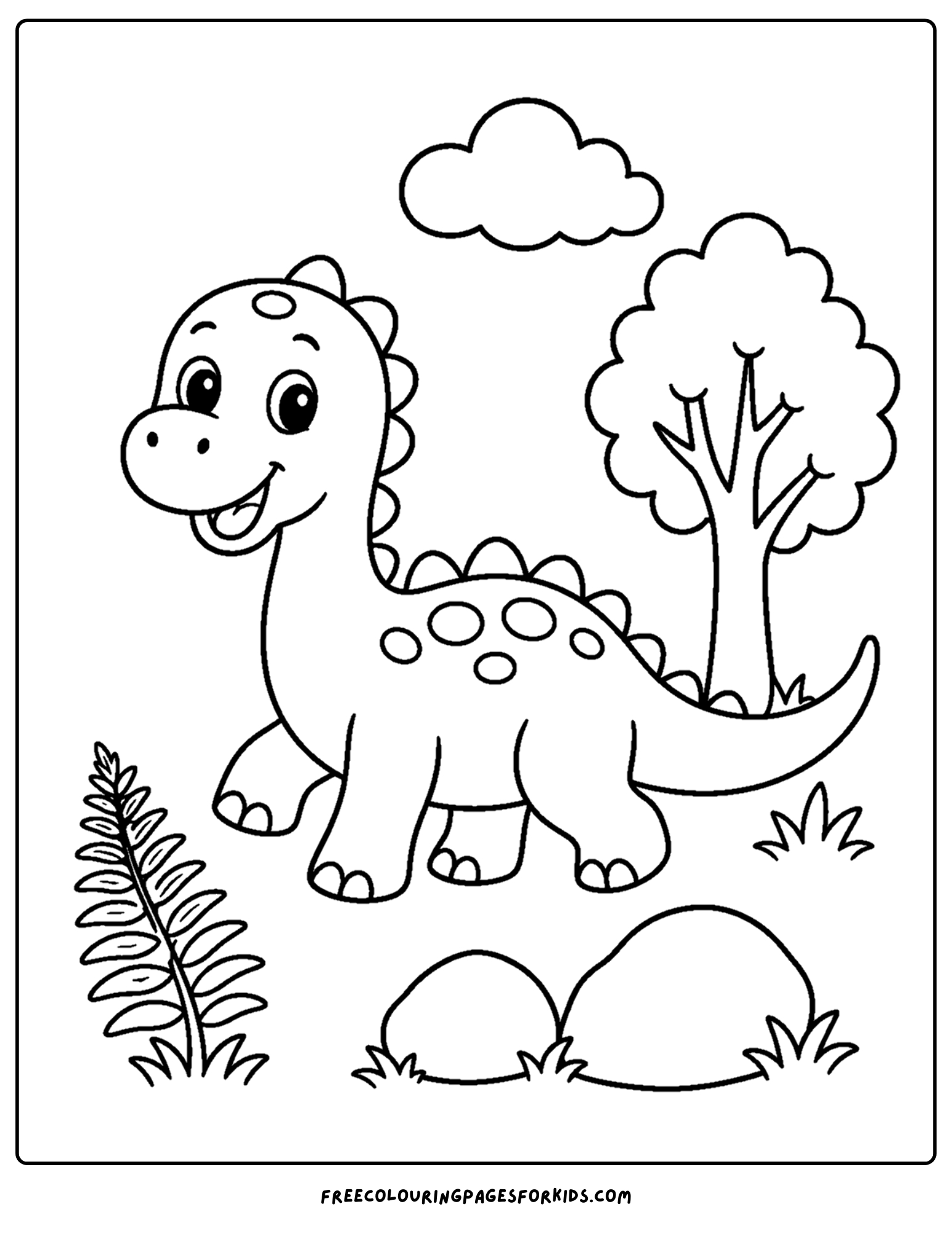 a toddler themed coloring page showing a friendly dinosaur in a park