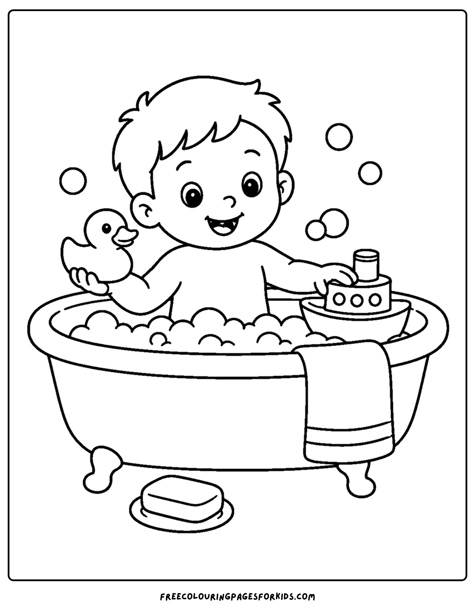 a toddler themed coloring page showing a small child having a bubble bath