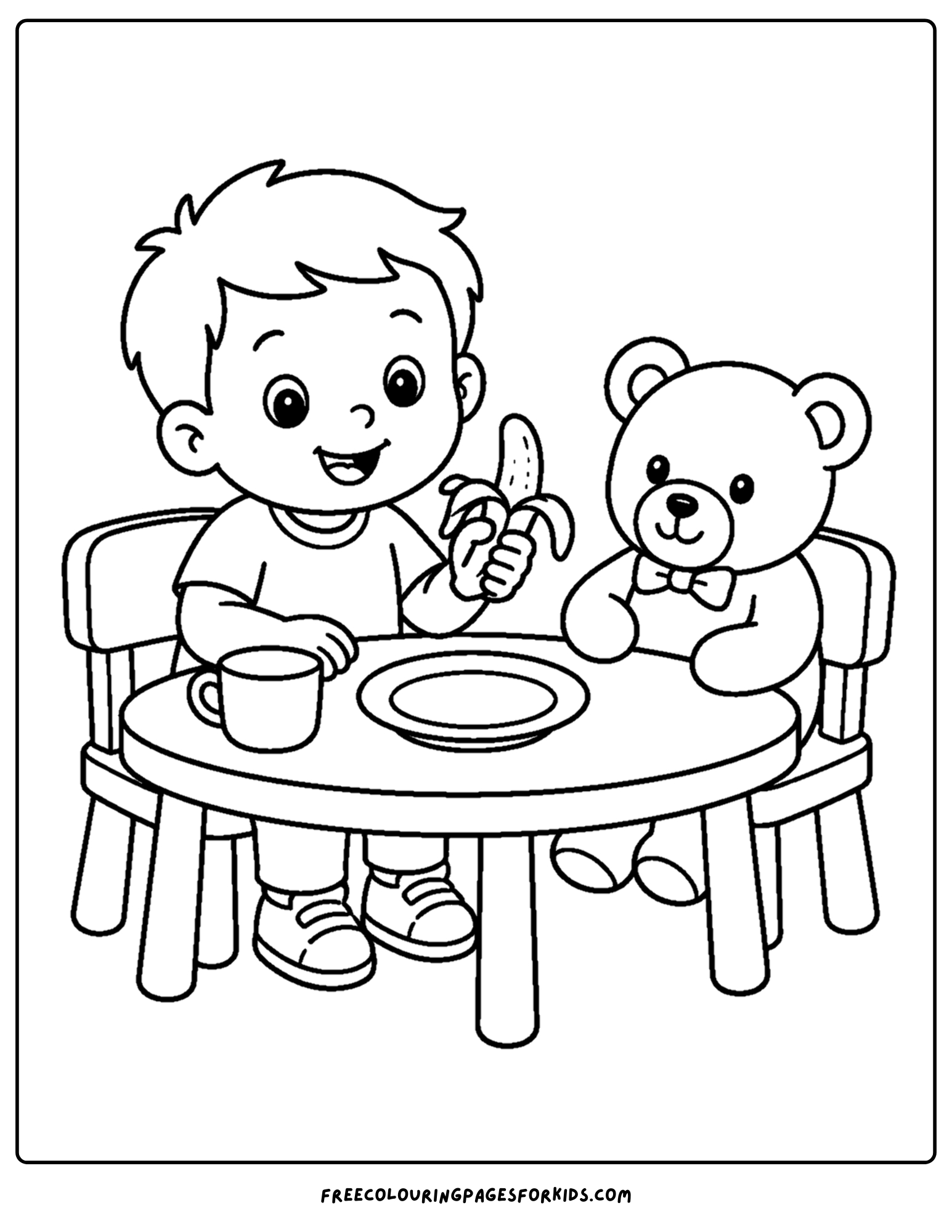 a toddler themed coloring page showing a child having a banana snack with their teddy bear